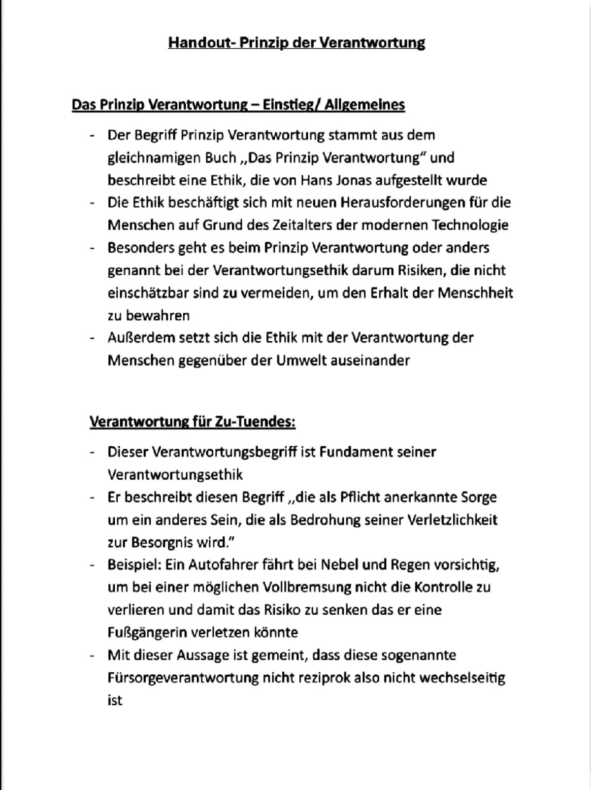 Handout Hans Jonas Prinzip der Verantwortung/ Heuristik der Furcht ...