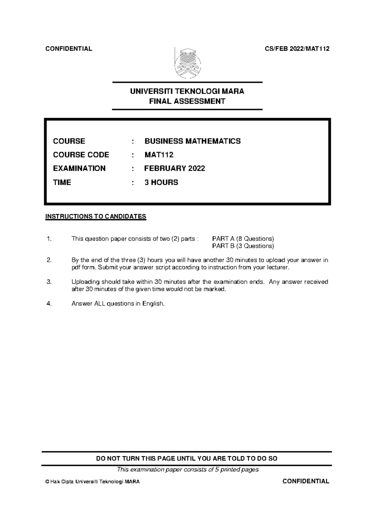 MAT112 Final Assessment Business Mathematics FEB 2022 Set 1 - Studocu