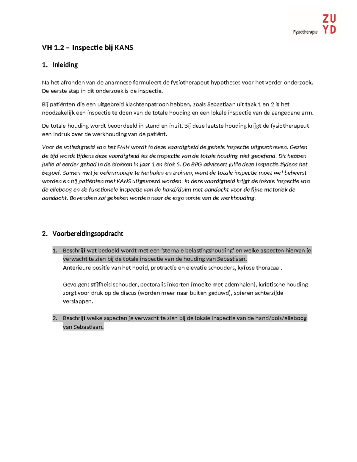 VH 1.2 Inspectie en Evaluatie van KANS Patiënten's Houding - Studeersnel