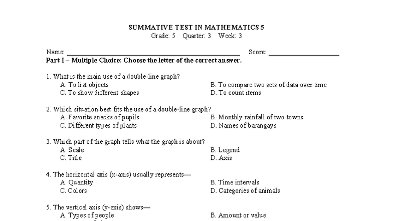SUMMATIVE TEST MATHEMATICS 5 Q3 W3: GRAPHING CONCEPTS - Studocu
