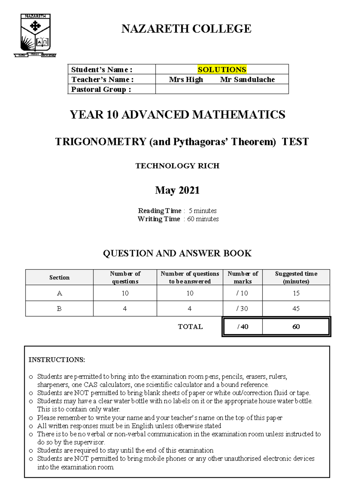 2021 Yr10MAdv Trigonometry Test Solutions - Studocu