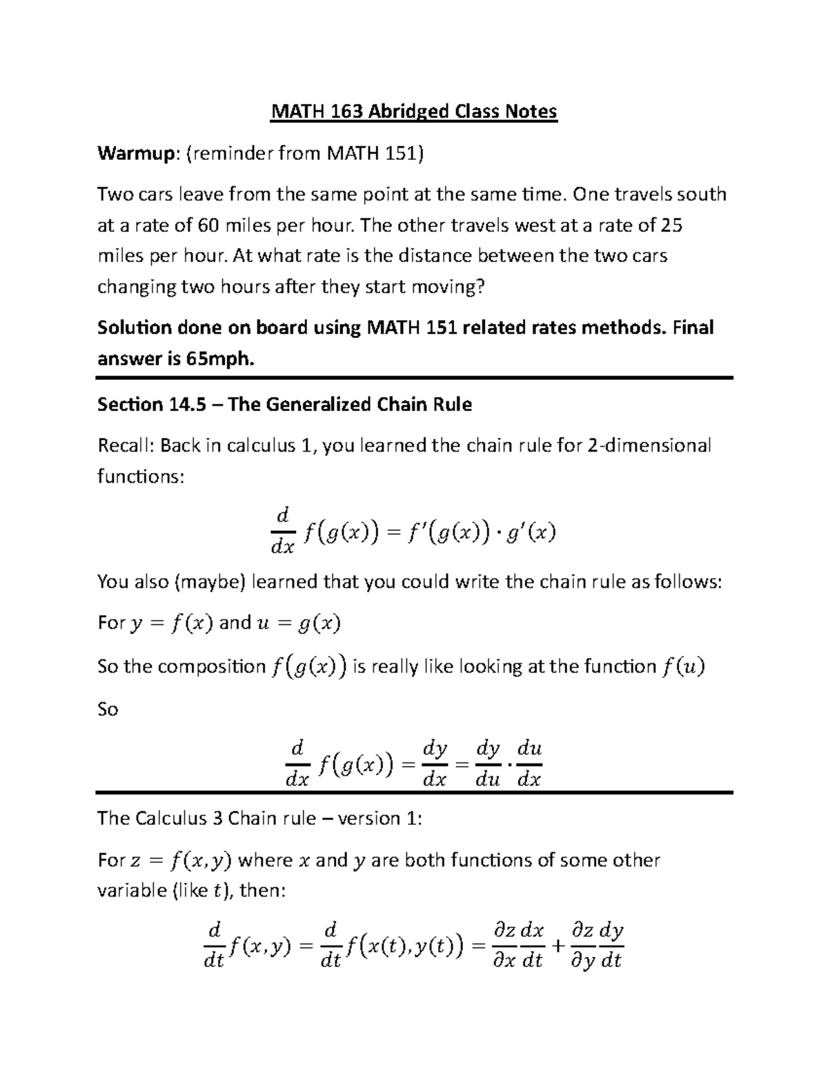 MATH 163 Abridged Class Notes: Chain Rule & Related Rates Concepts ...