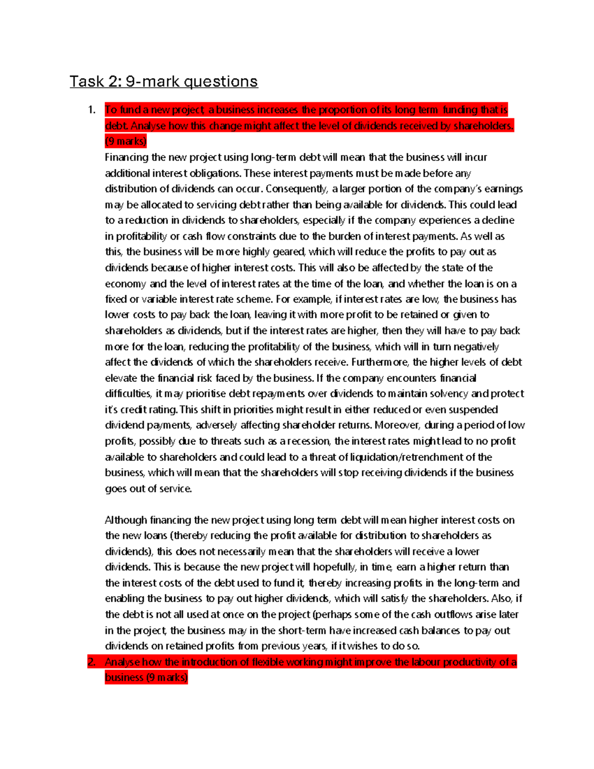 9 Mark Questions Analysis for Business Impact and Productivity - Studocu
