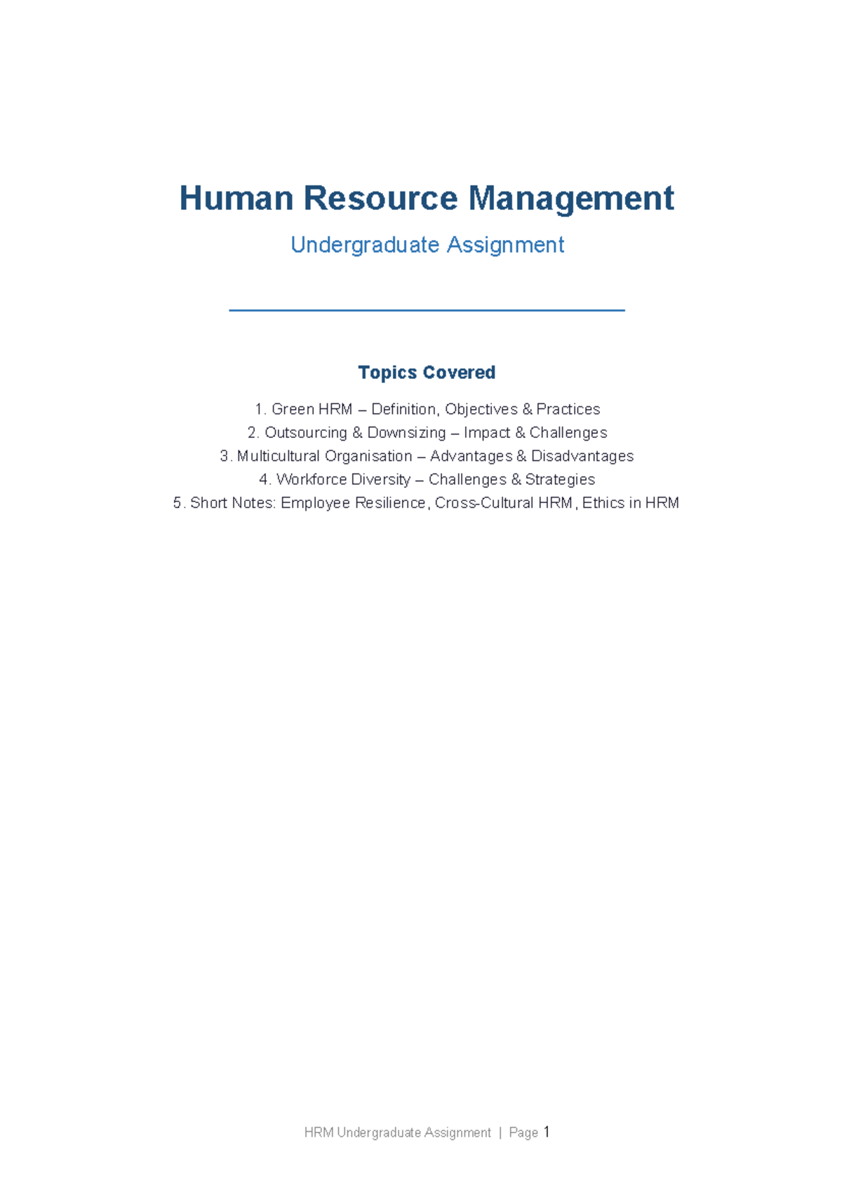 HRM Assignment - SCSXASS: Green HRM, Outsourcing, Diversity & Ethics ...