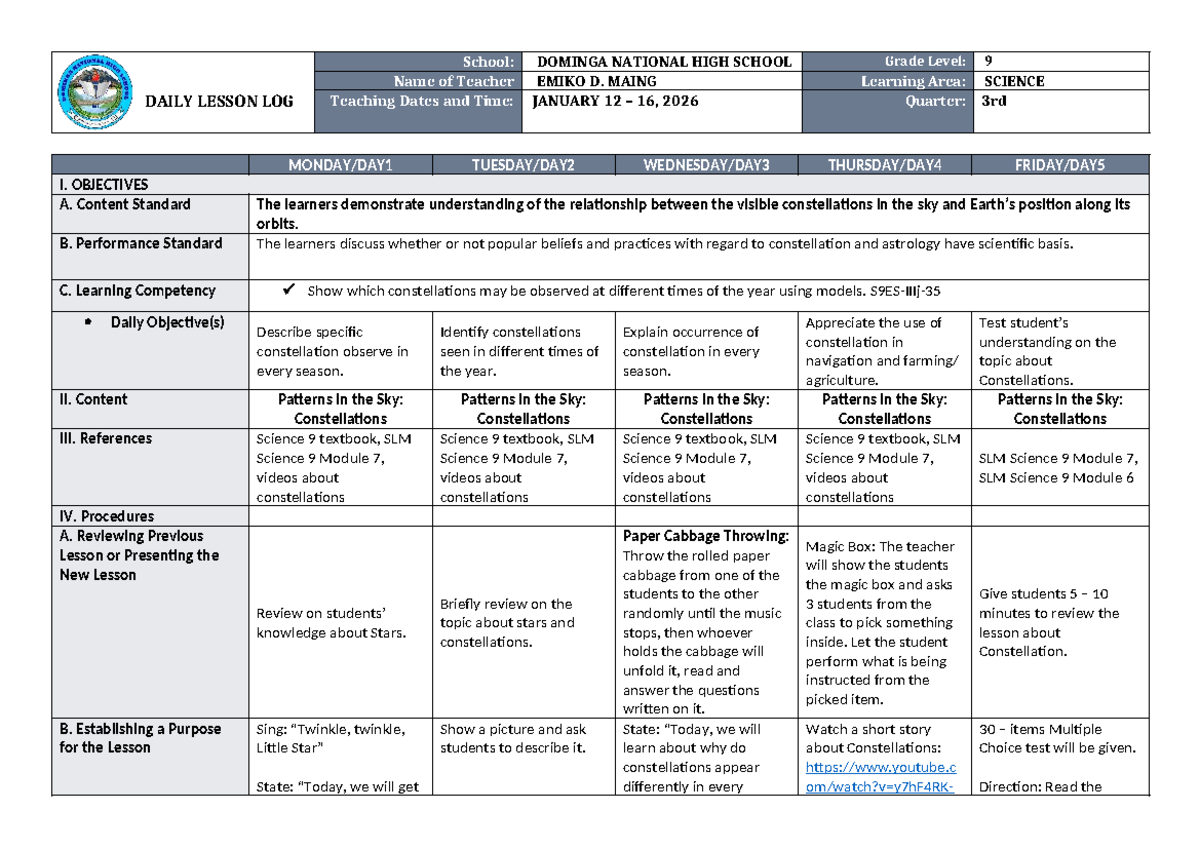 DLL Science 9 Q3: Patterns in the Sky - Constellations Lesson Plan ...