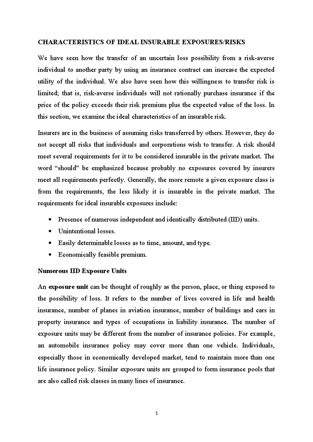 Insurance RISK MGT Final Exam Notes: Ideal Insurable Exposures/Risks ...
