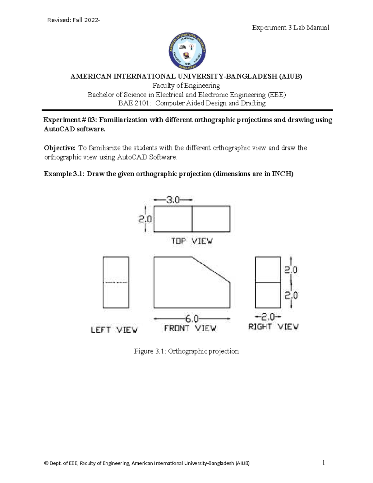 BAE 2101: CAD Experiment 03 Lab Manual - Orthographic Projections - Studocu