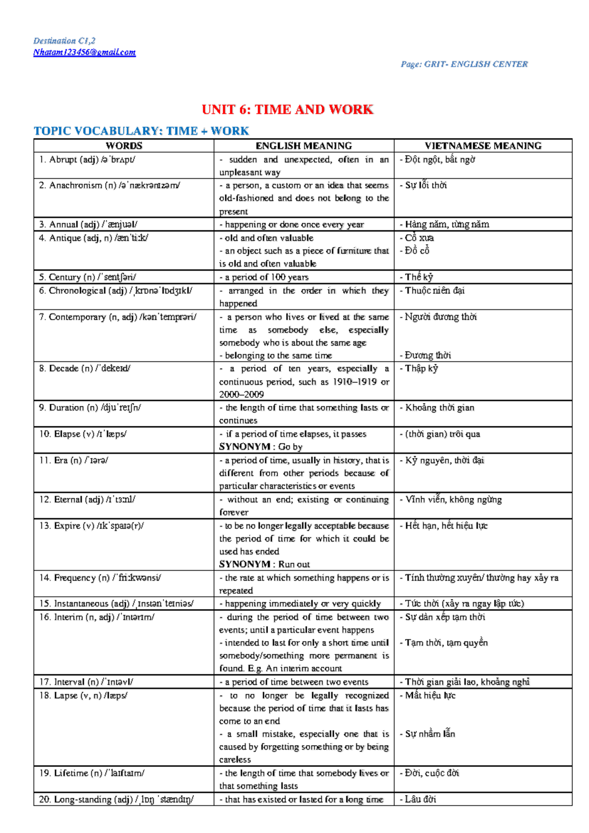 UNIT 6: TIME AND WORK - Vocabulary and Idioms Guide - Studocu