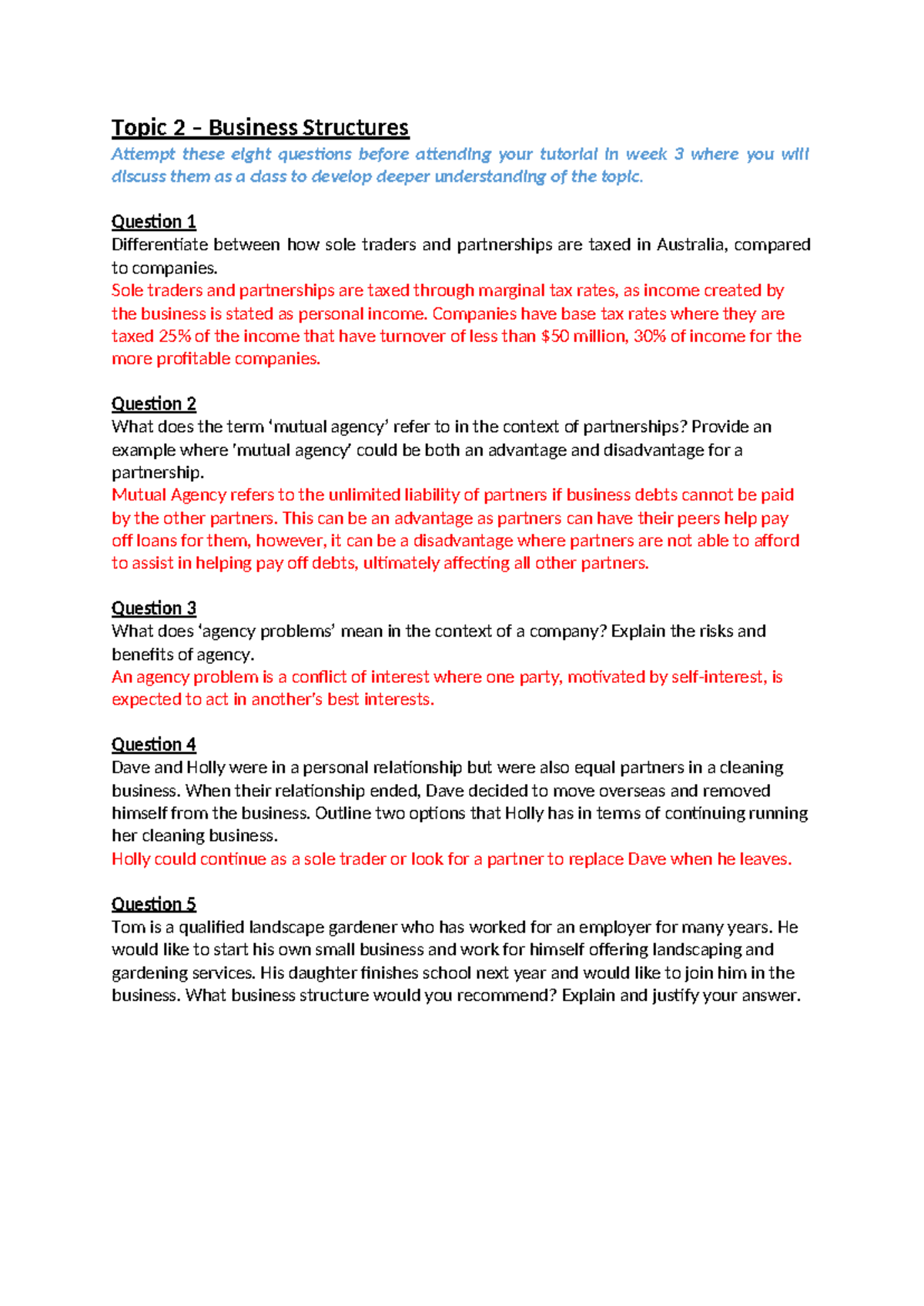 Topic 2 BUS101 Tutorial Exercises: Business Structures Questions - Studocu