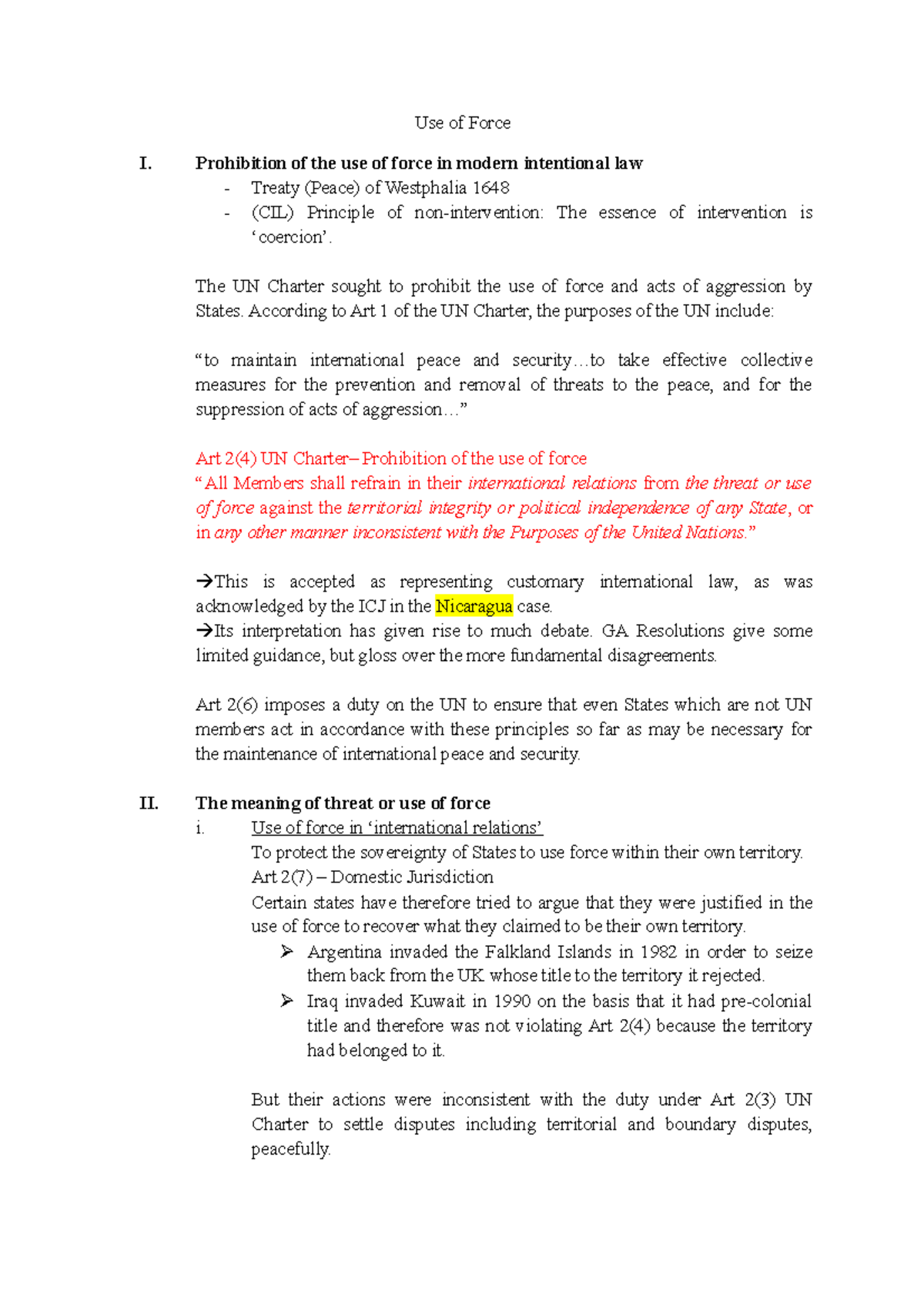 Use of Force in International Law - Summary for Law Course (IL101 ...