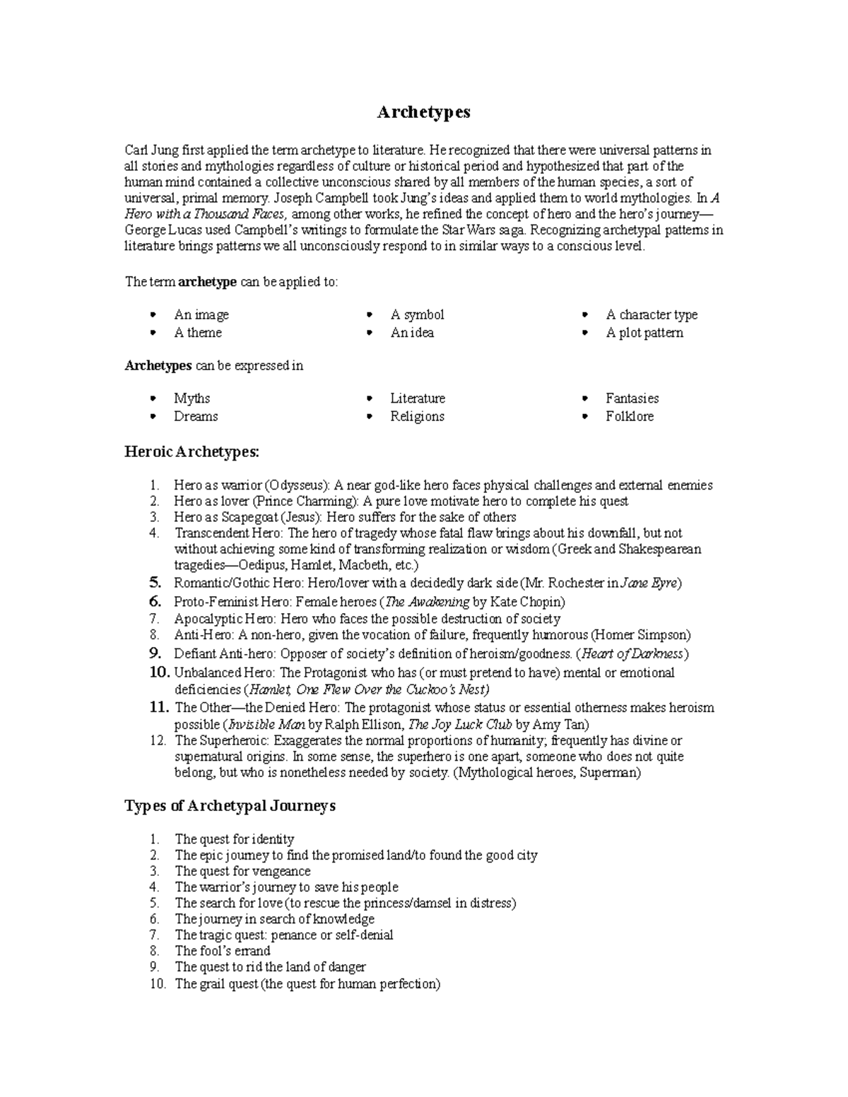 Archetypes for Literary Analysis - Archetypes Carl Jung first applied ...