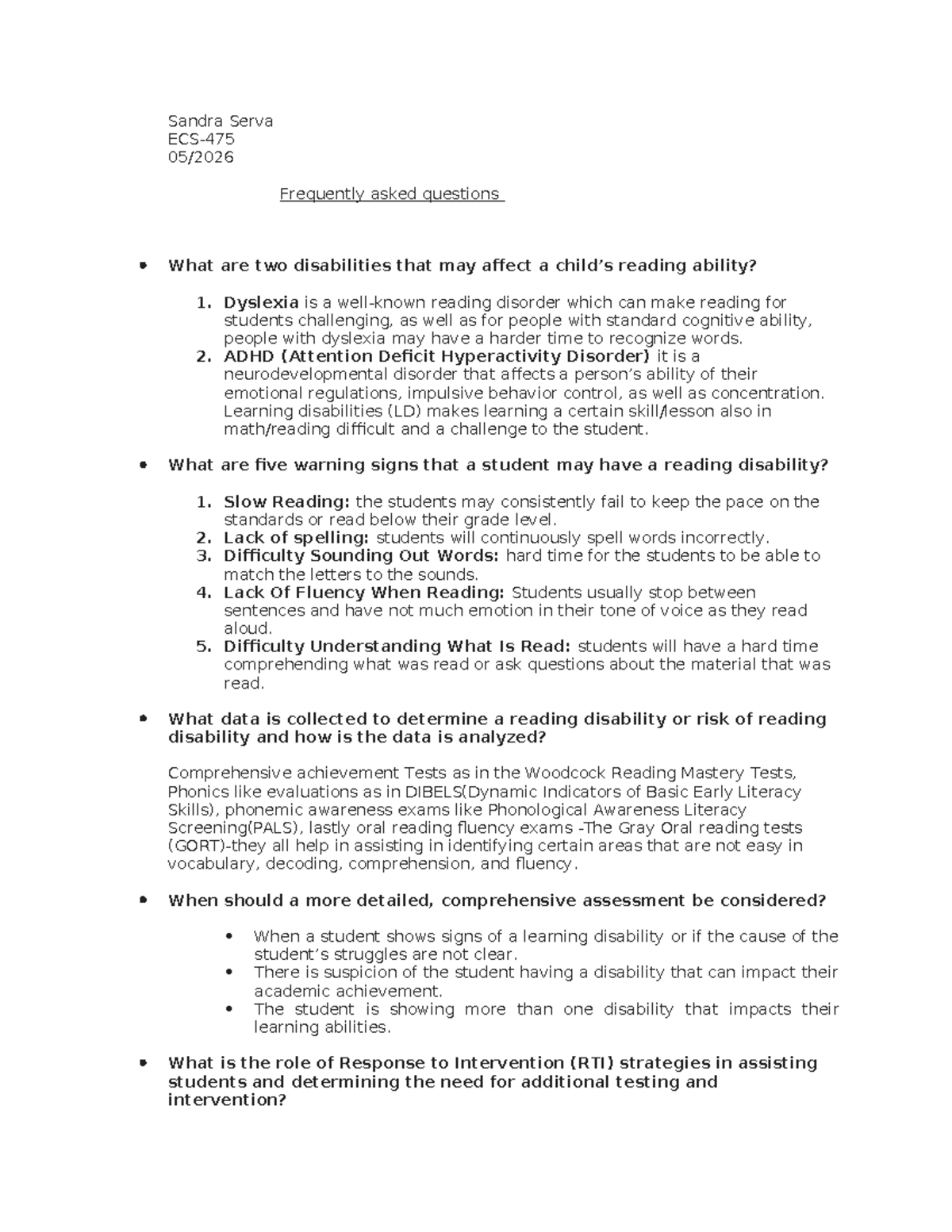 ECS475 FAQs: Understanding Reading Disabilities and Interventions - Studocu