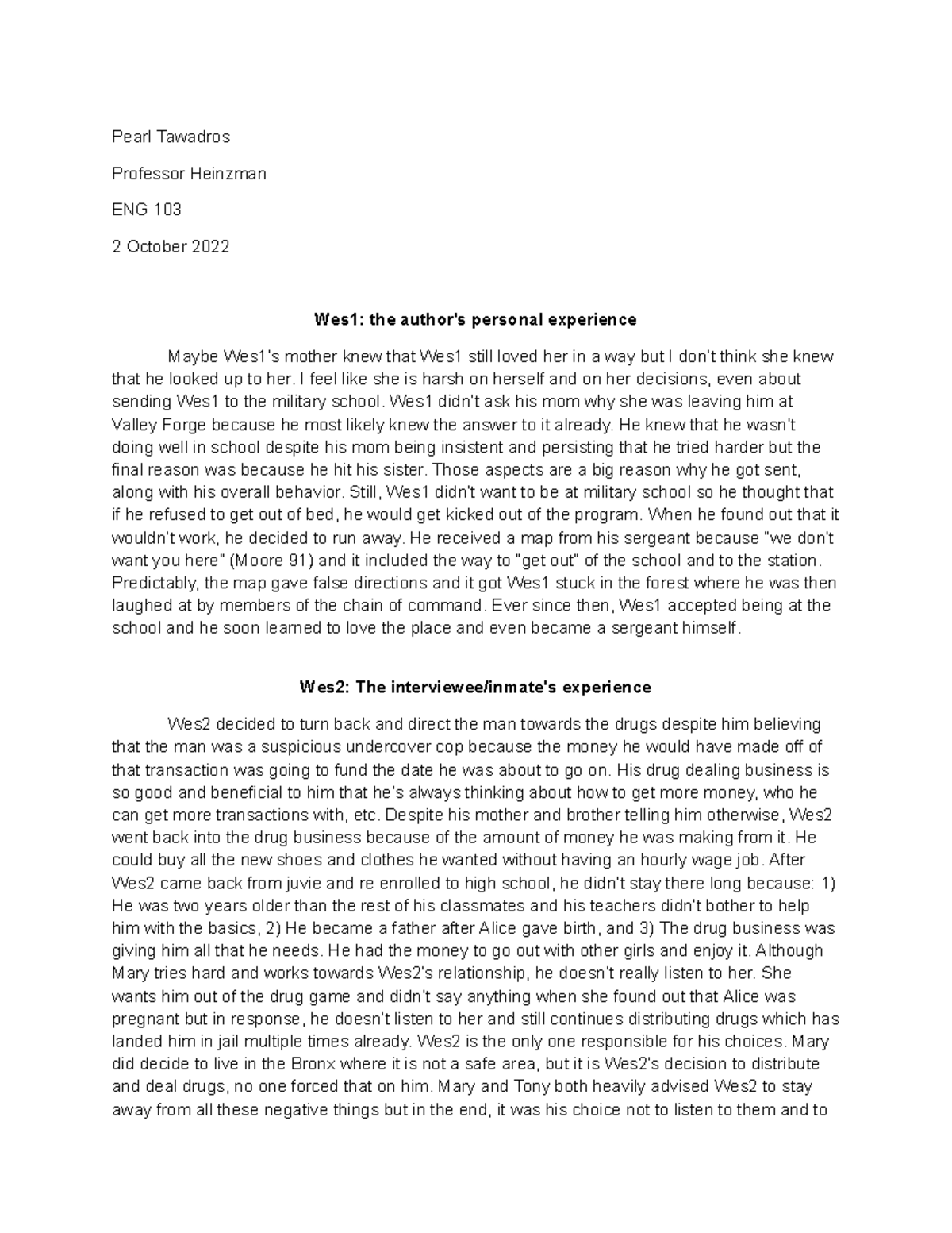 ENG 103 - Wes Moore Chapter 4-6 Analysis on Choices and Influences ...