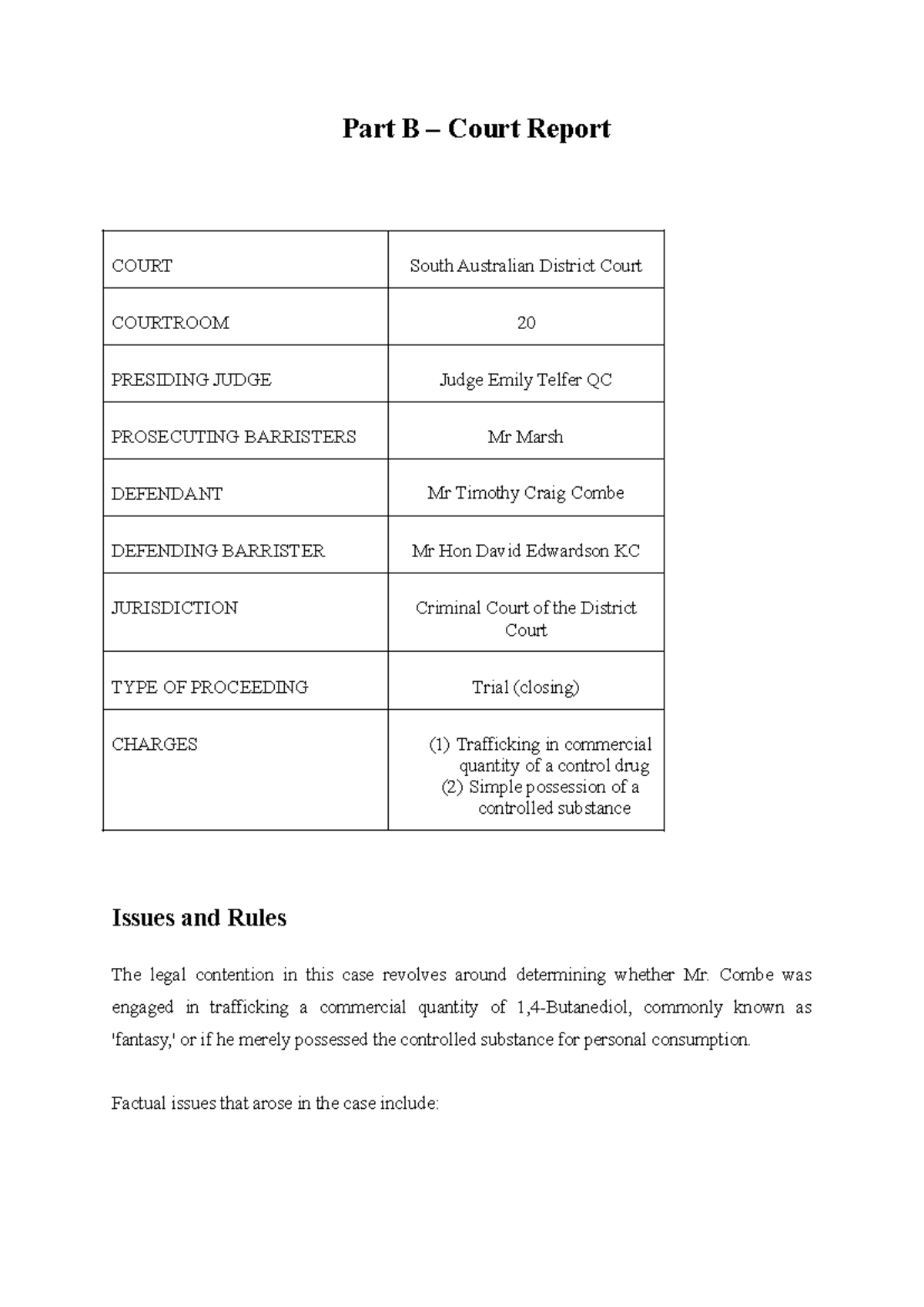 Part B - Court Report: Trial of Mr. Timothy Craig Combe (Criminal ...