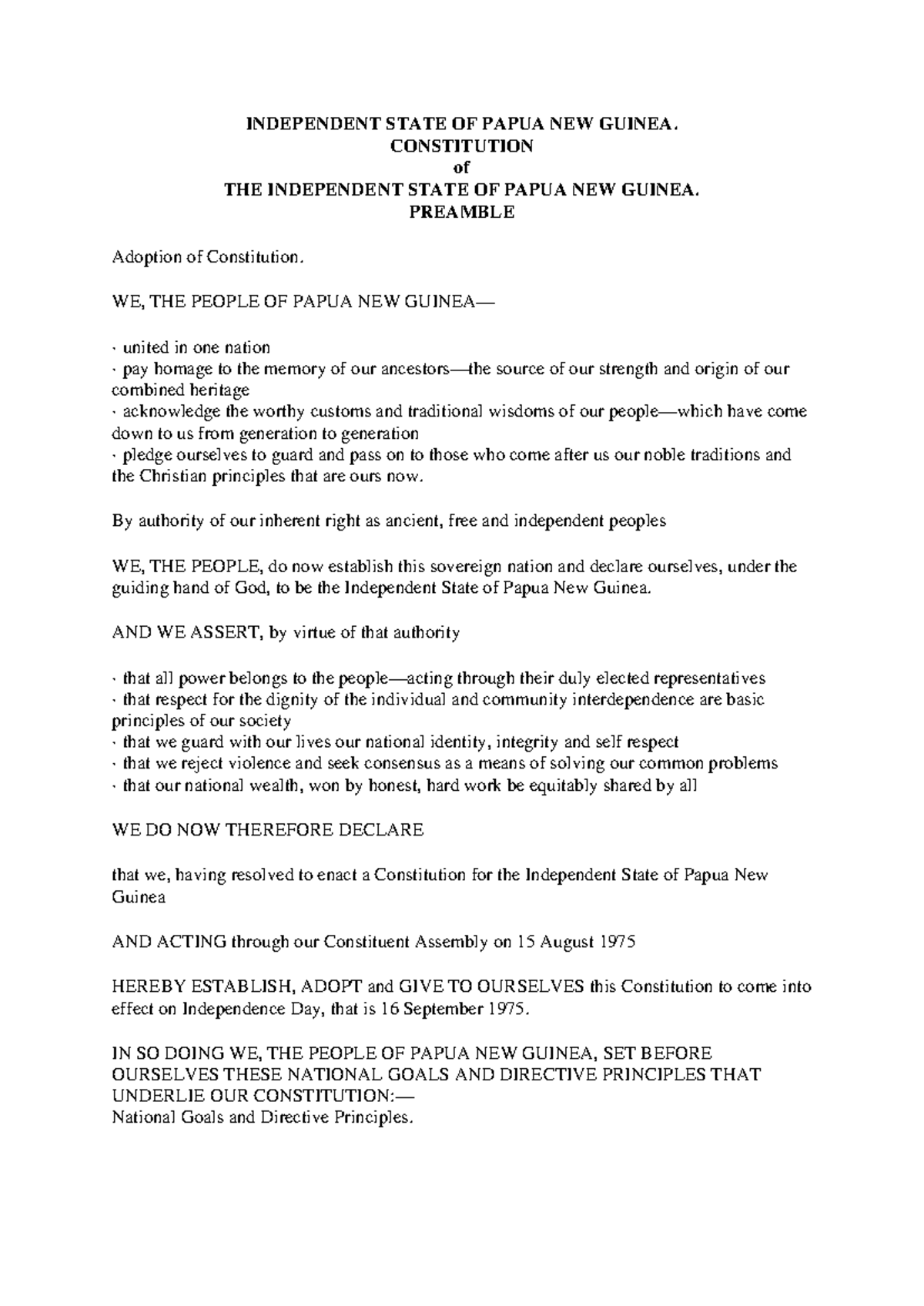 Constitution of Papua New Guinea: Foundations and Principles - Studocu