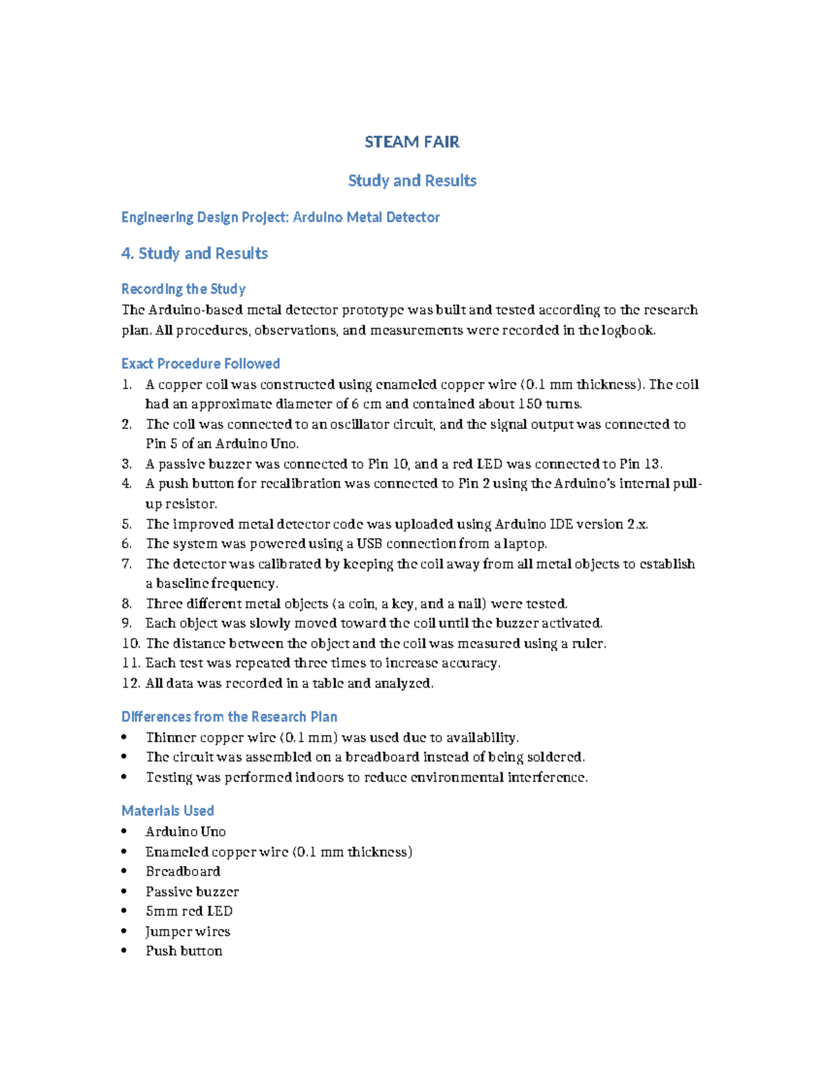 STEAM FAIR ENG 4: Study & Results of Arduino Metal Detector Project ...