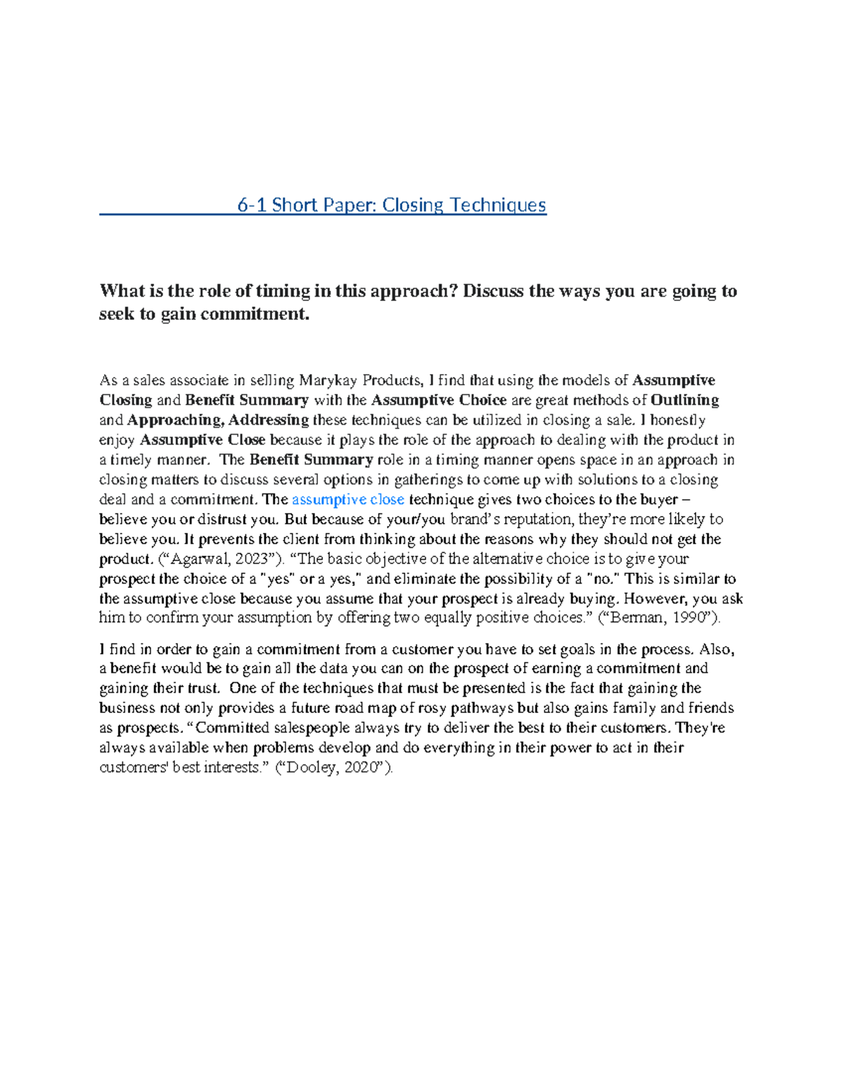 6-1 Short Paper: The Role of Timing in Closing Techniques - Studocu