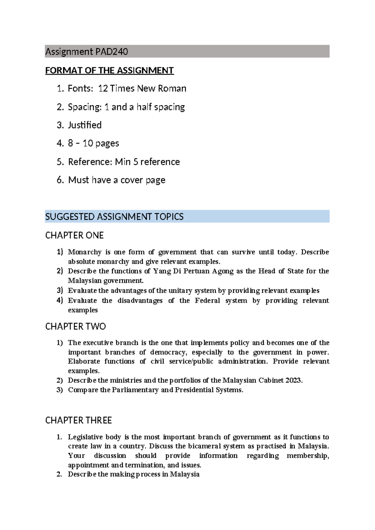 Assignment Topics PAD240 Oct2024 Feb2025 - Assignment PAD FORMAT OF THE ...
