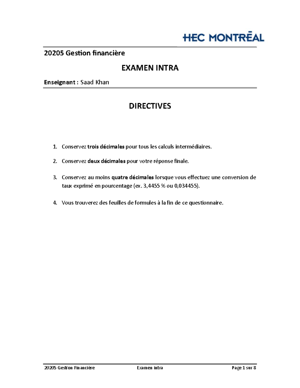 20205 Ges on Financière - Examen Intra: Analyse de Projet AquaPure ...