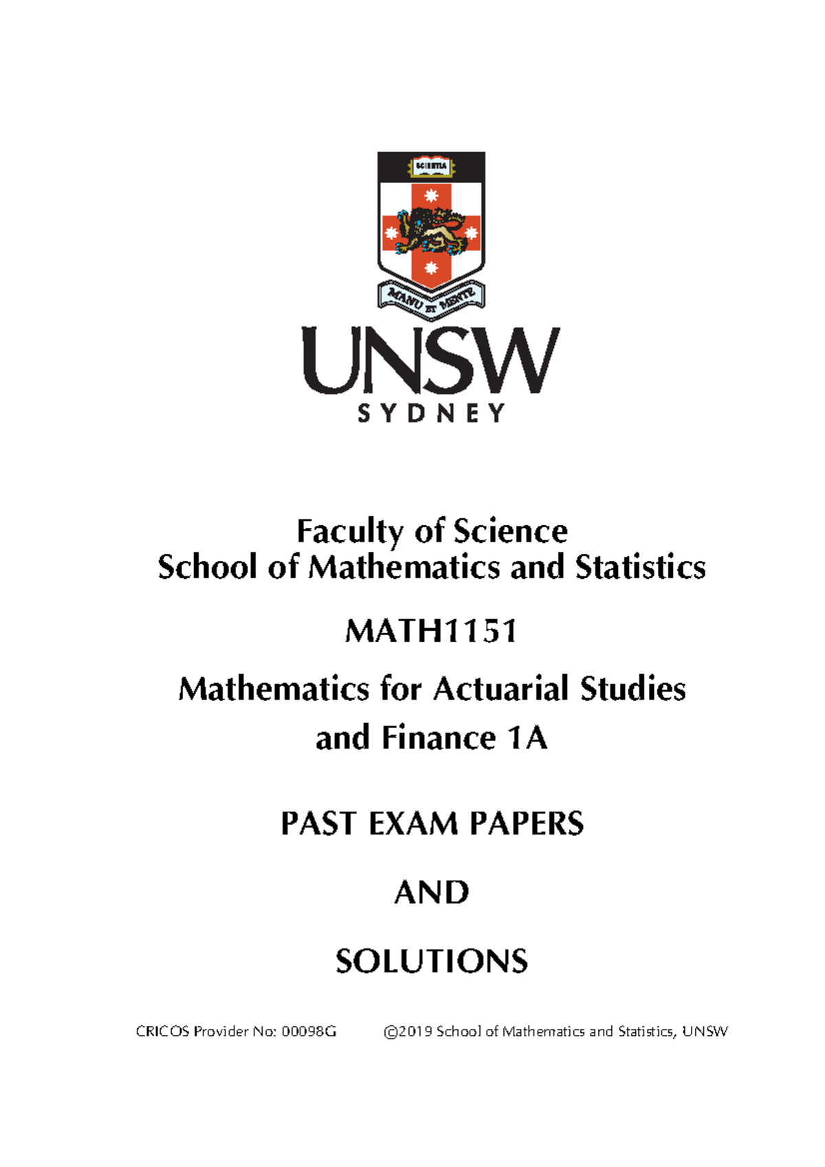 MATH1151 Past Exams 2019 T1 - Faculty of Science School of Mathematics ...