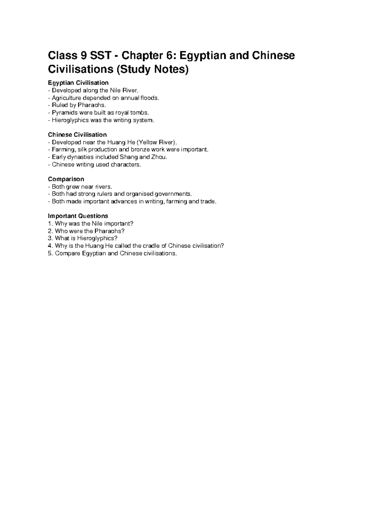 Class 9 SST Chapter 6: Egyptian & Chinese Civilisations Notes - Studocu