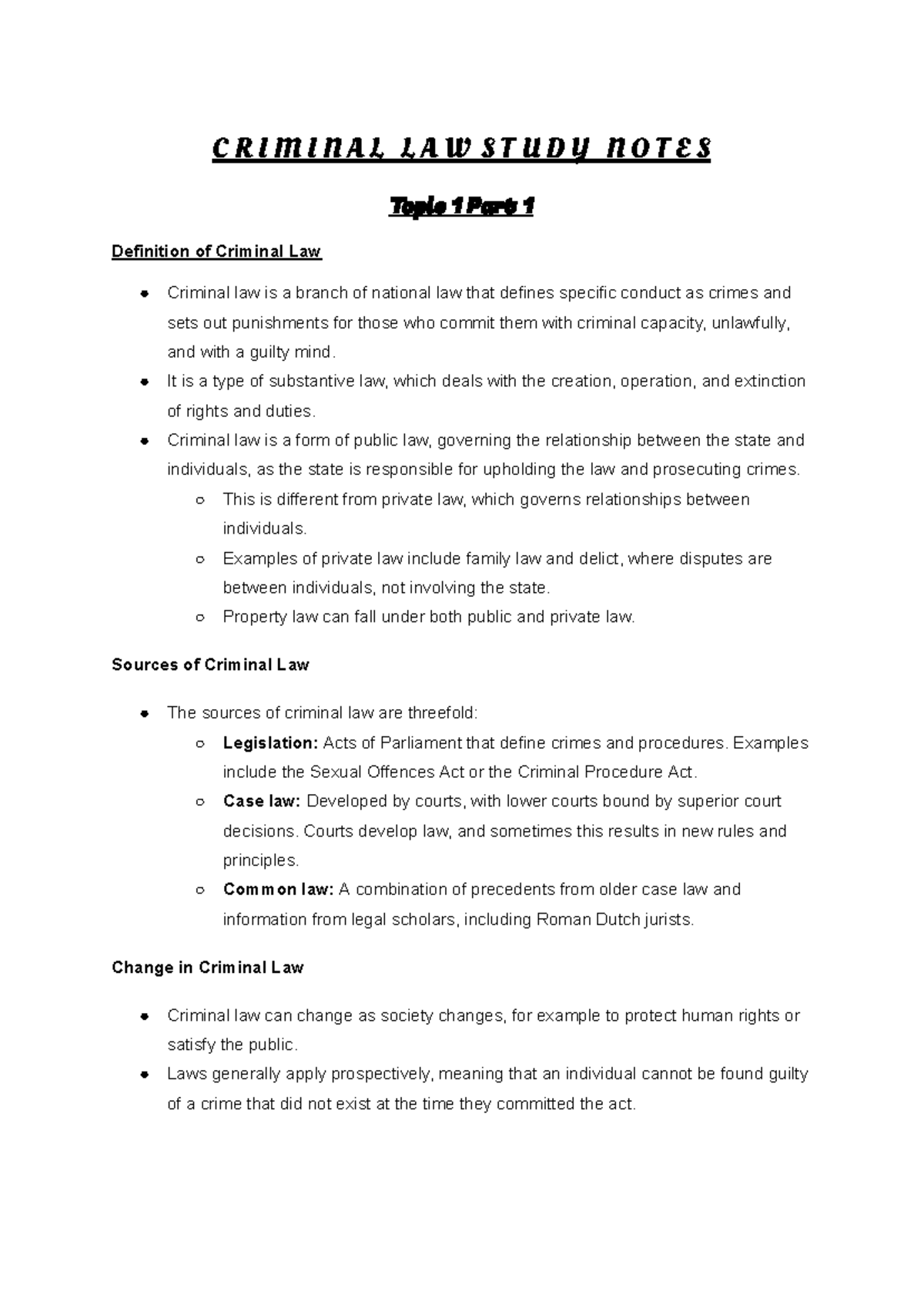Burchell Criminal Law Lecture Notes: Principle of Legality Overview - C ...
