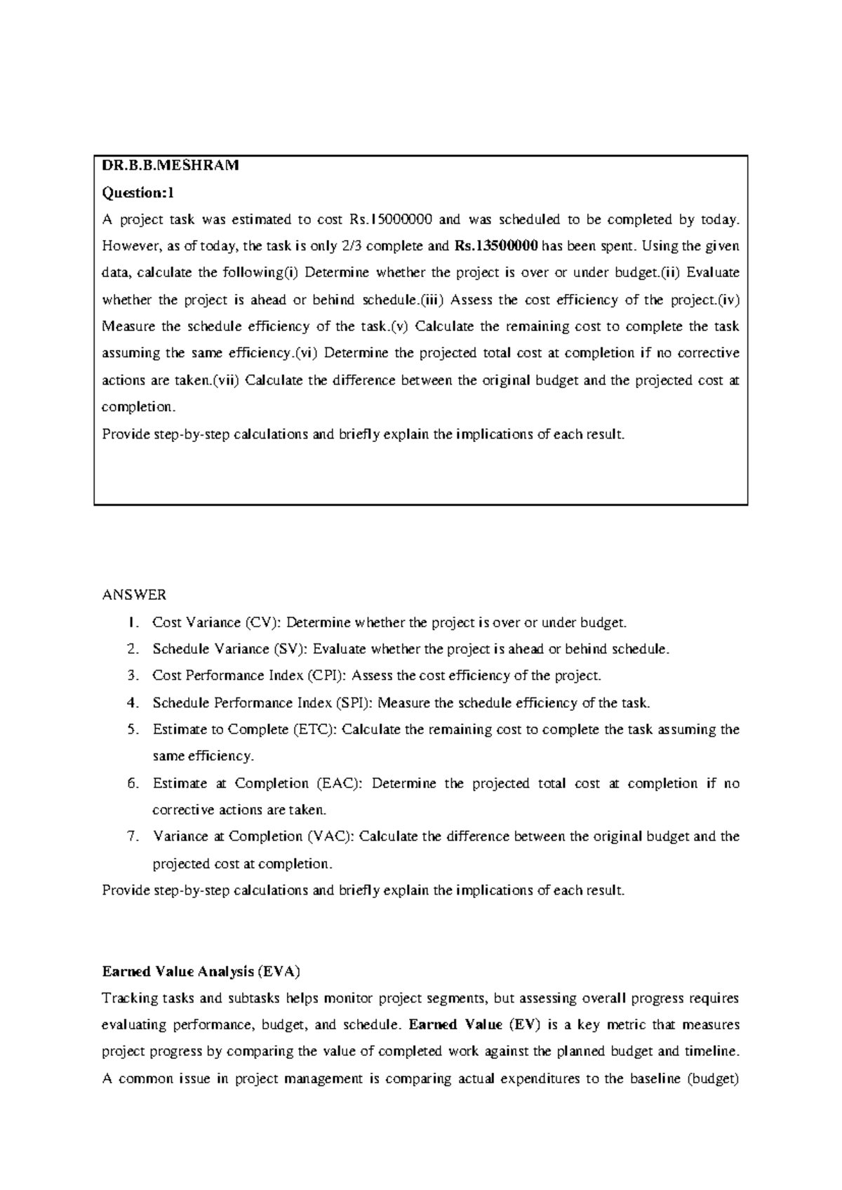 EVA Calculation for Project Management: Cost & Schedule Analysis - Studocu