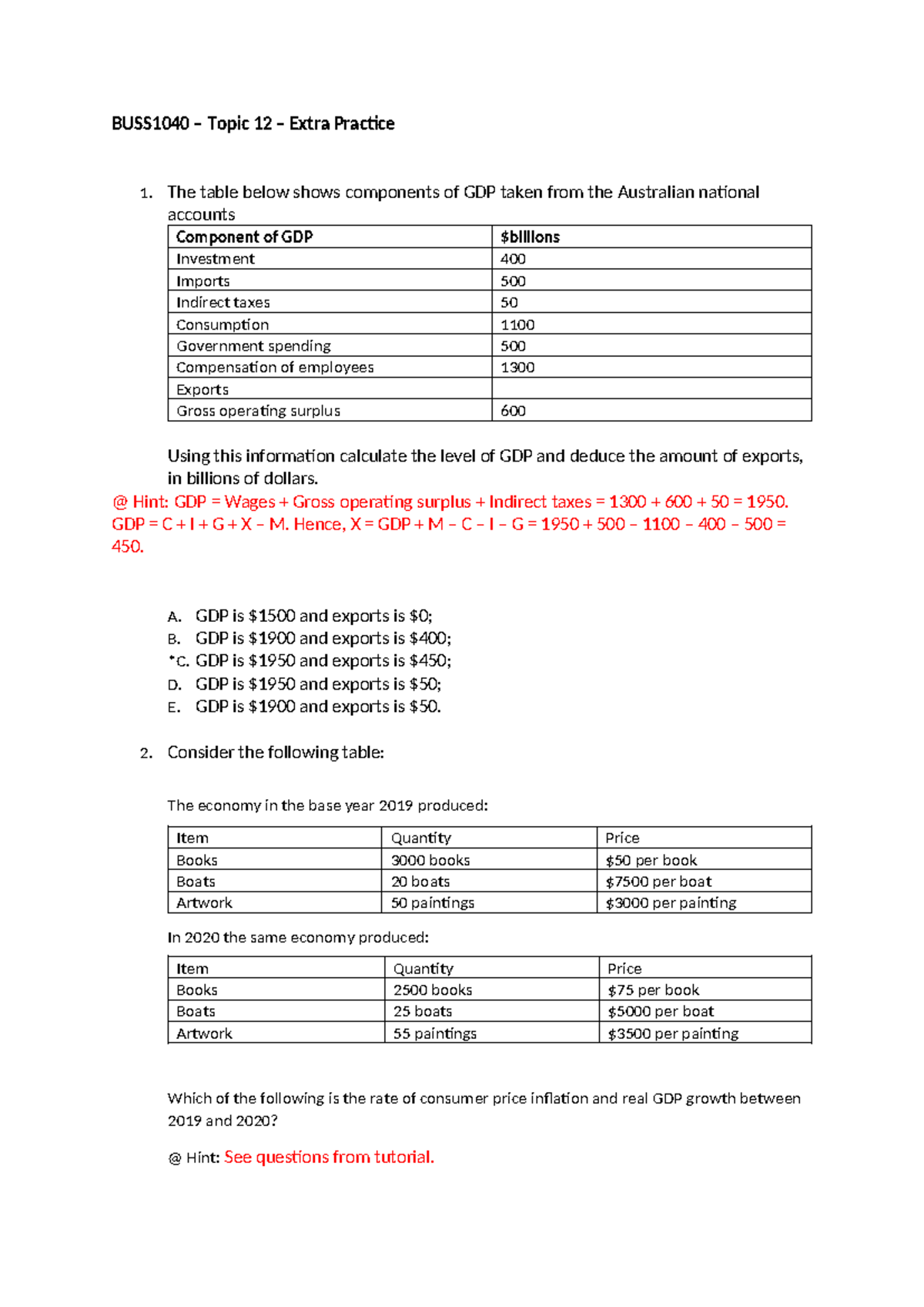 BUSS1040 Topic 12 GDP Calculation and Economic Analysis Practice - Studocu