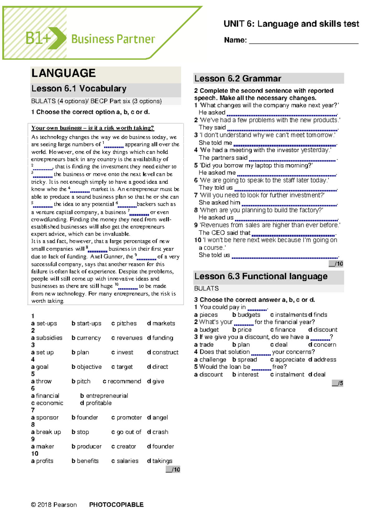 B1 UNIT 6 Language and Skills Test - Comprehensive Review - Studocu