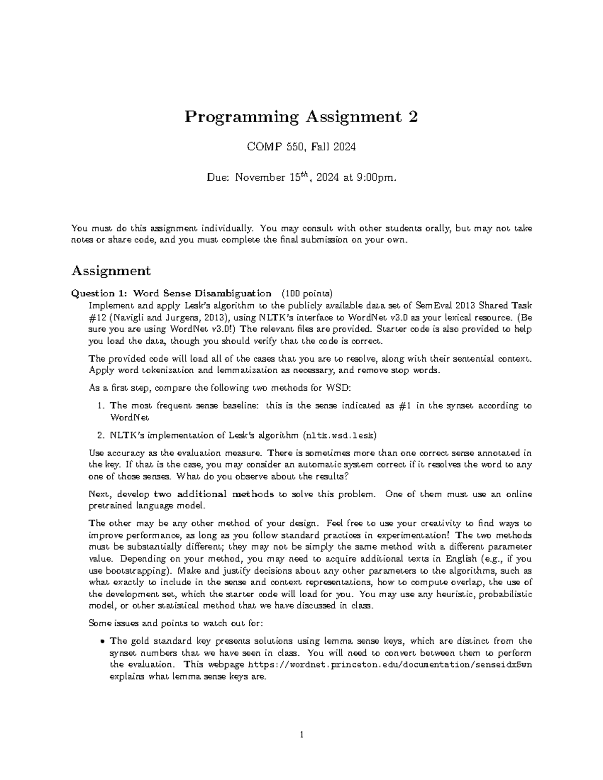 COMP 550 - Programming Assignment 2: Word Sense Disambiguation - Studocu