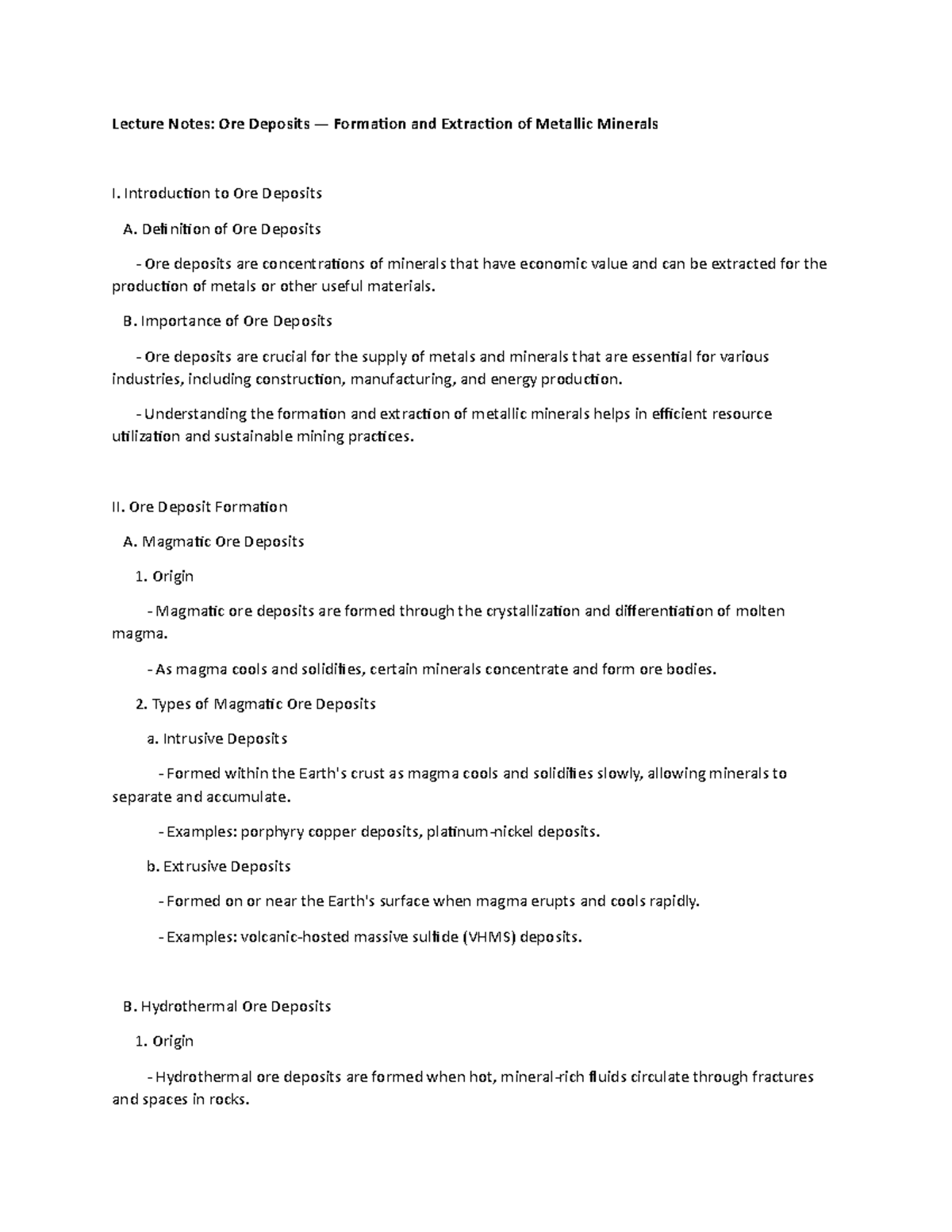 Lecture Notes: Ore Deposits and Metallic Mineral Extraction - Studocu