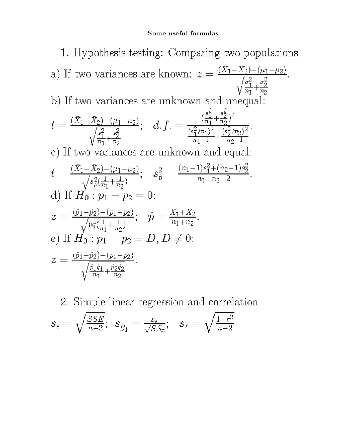 MAT1004 - Useful Formulas for Hypothesis Testing & Regression - Studocu