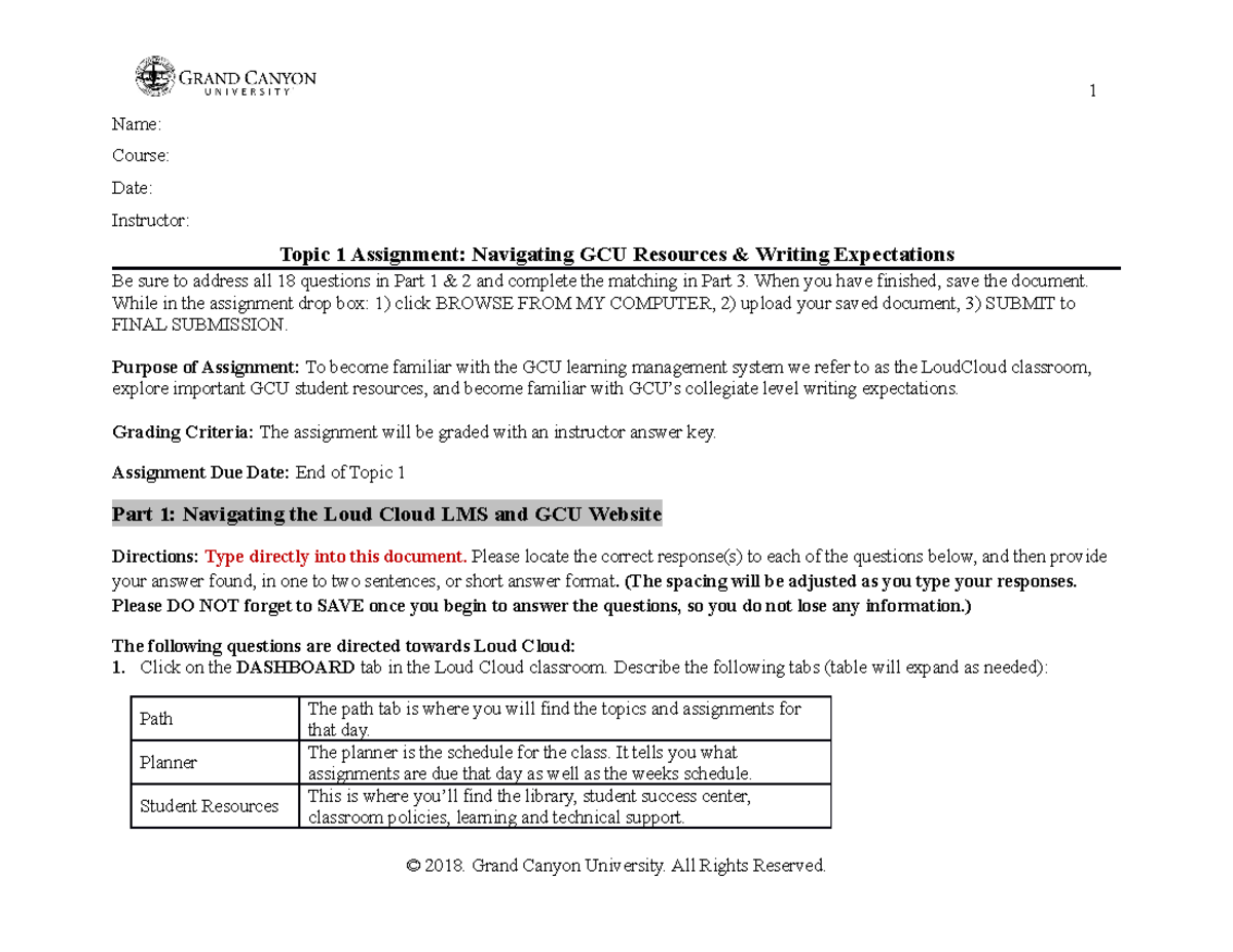 GCU Course: Topic 1 Assignment on Navigating Resources & Writing ...