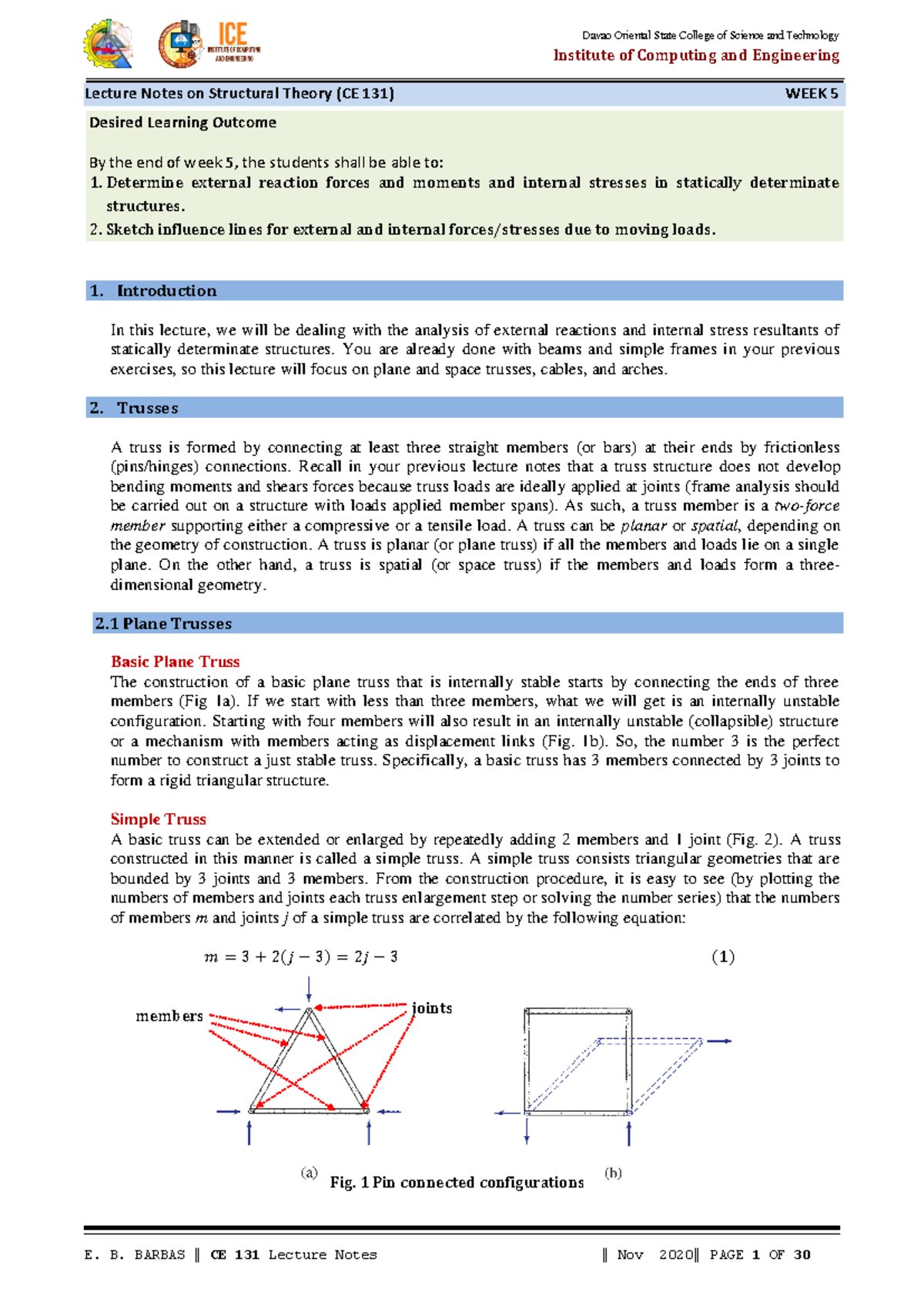 **Lecture Notes on External Reactions & Internal Stresses (CE 131) Week ...