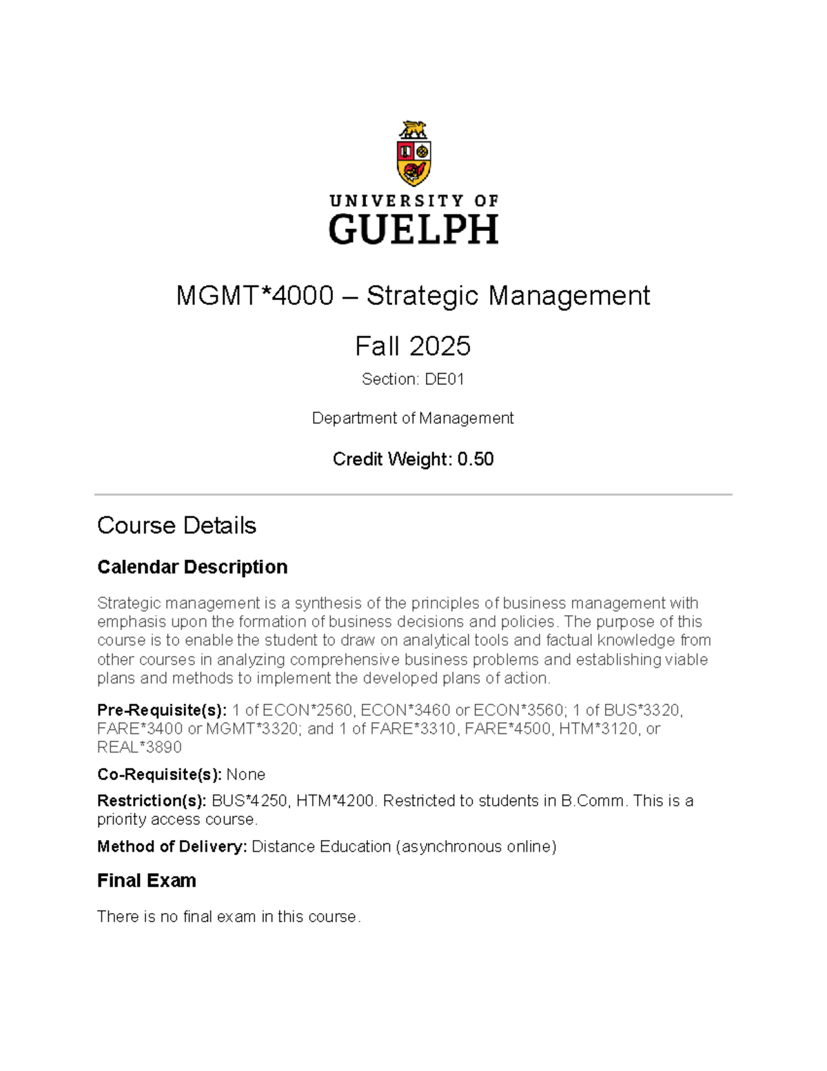 Strategic Management Course Outline - Fall 2025 (DE01) - Studocu
