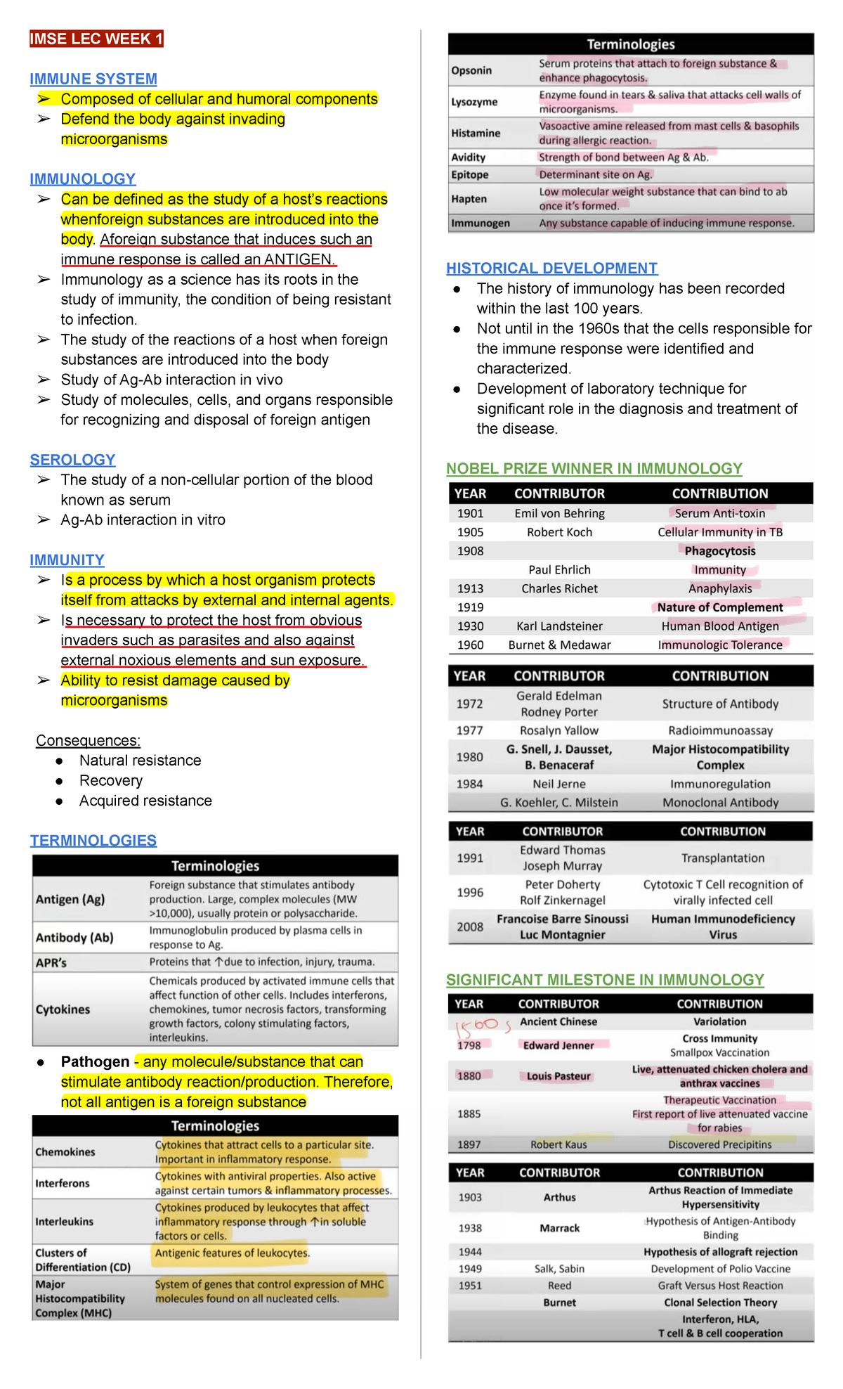 IMSE LEC WEEK 1: Overview of the Immune System and Immunology Concepts ...