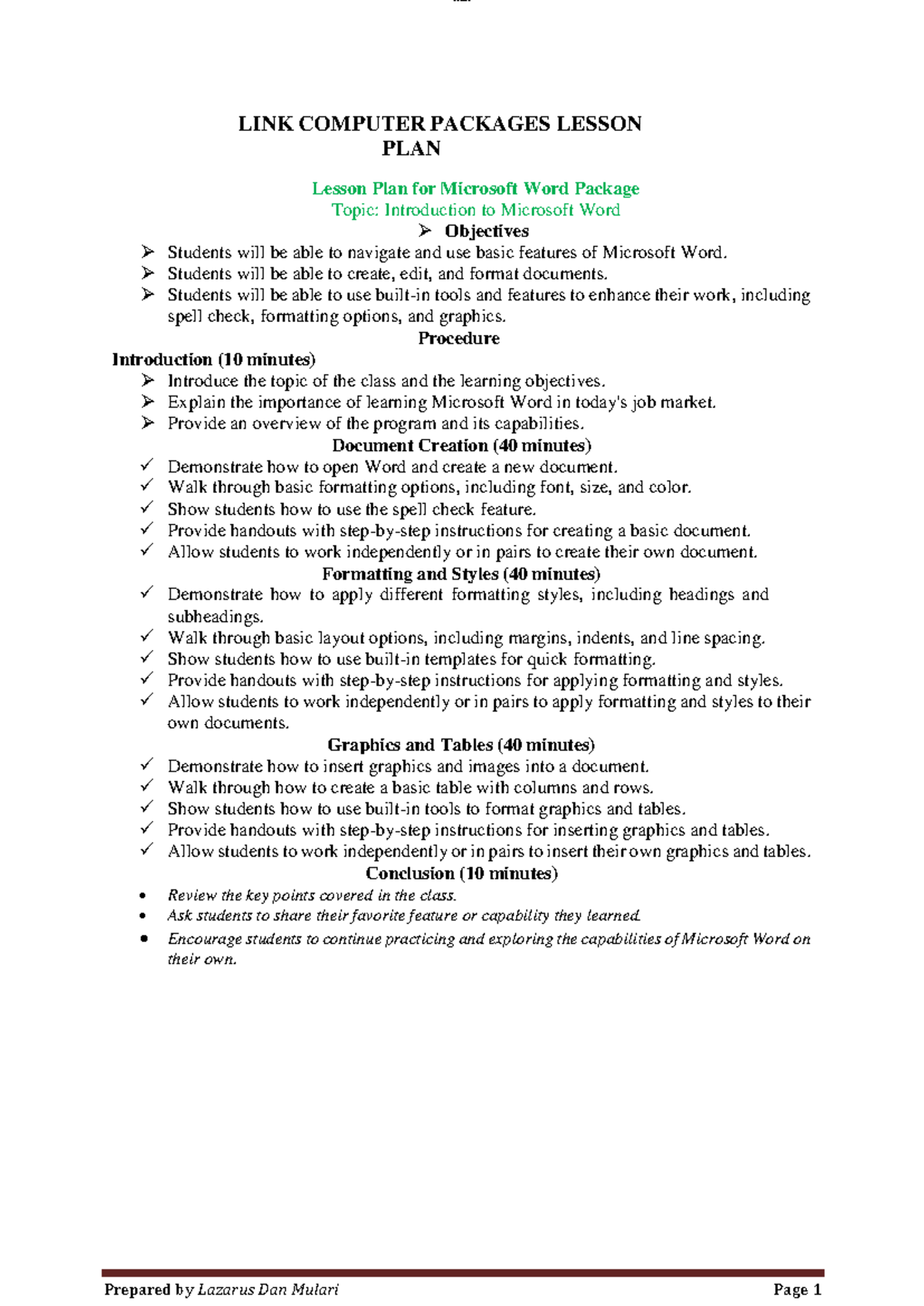 Computer Package Lesson Plan: MS Word, Excel, Access & InDesign - Studocu