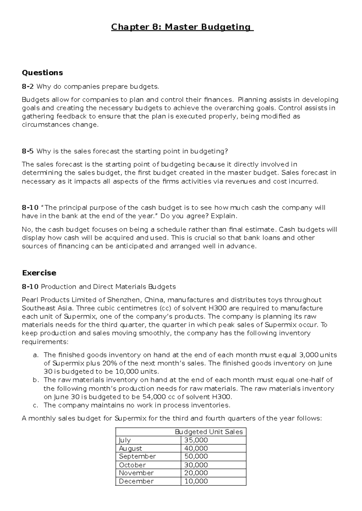 Chapter 8: Master Budgeting Q&A for Course Code: ACC101 - Studocu