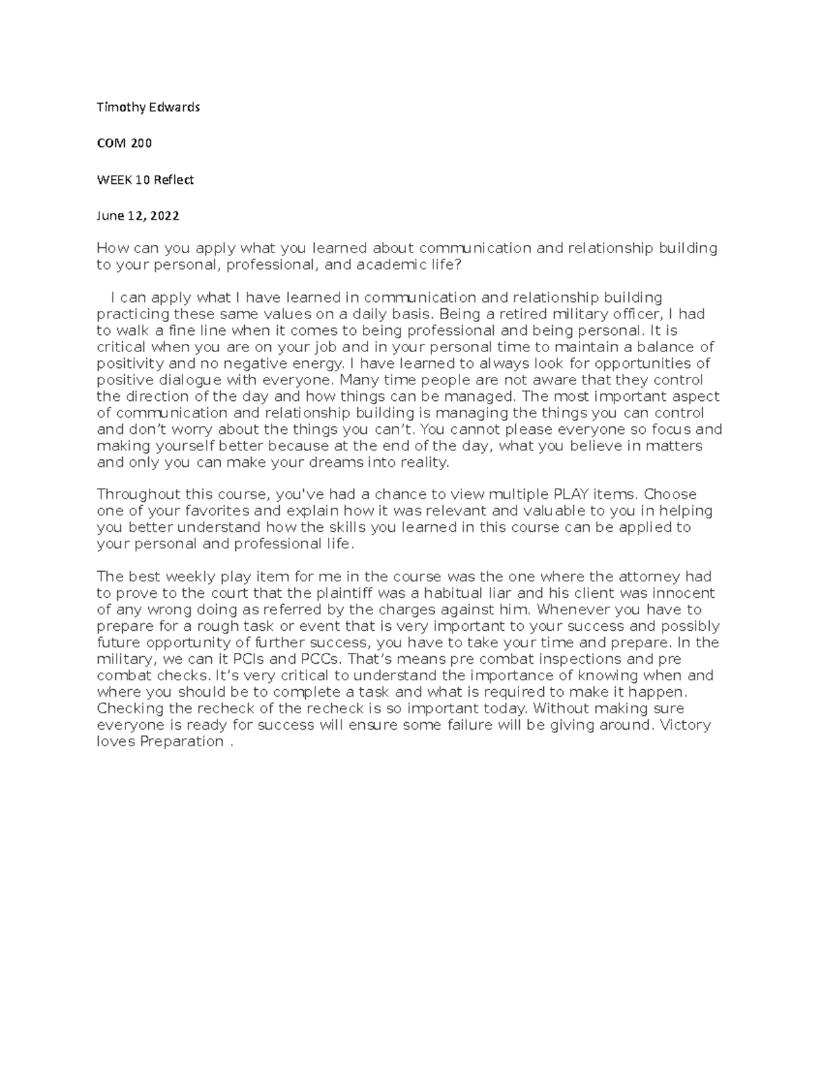 COM 200 Week 10 Reflection on Communication Skills and Insights - Studocu