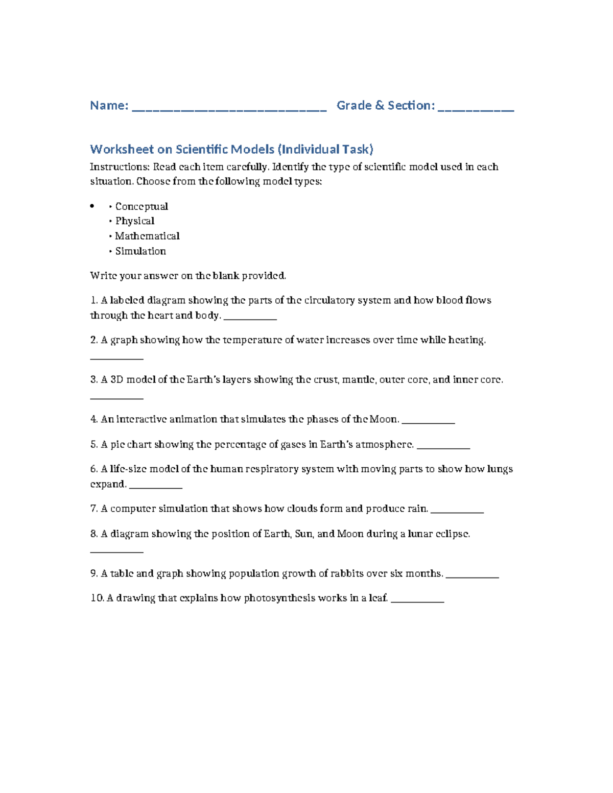 Grade 7 Scientific Models Individual Worksheet - Studocu