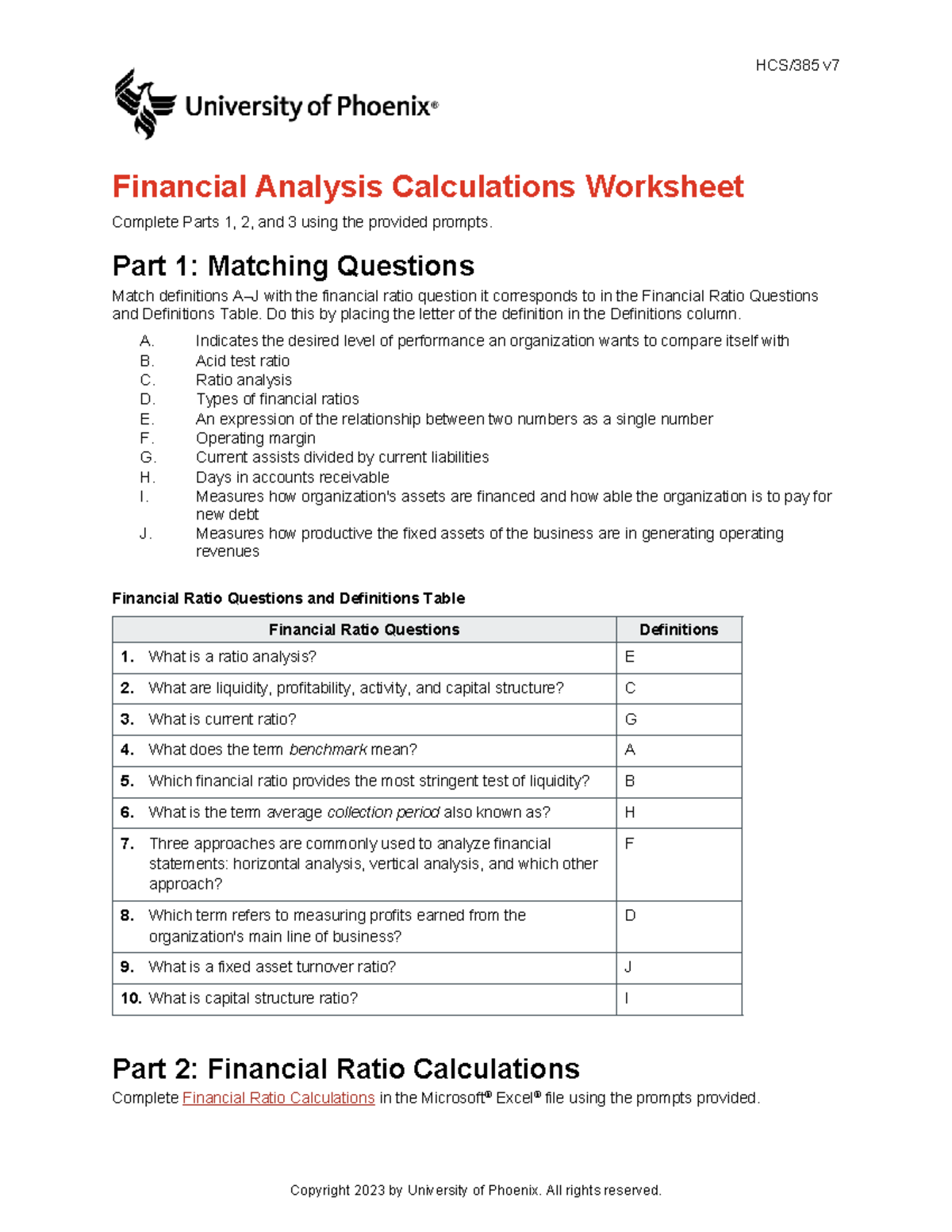 HCS/385 V7 Week 4 Financial Analysis Calculations Worksheet - Studocu