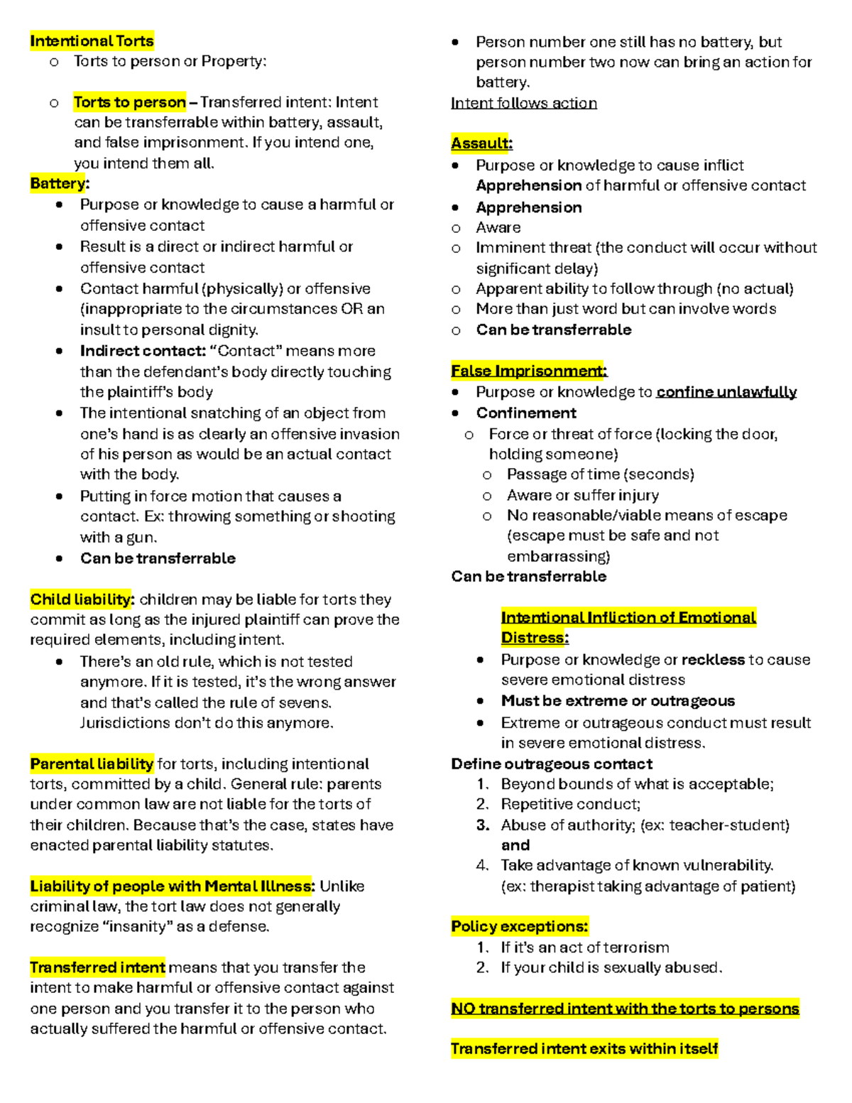 Final exam notes for torts: intentional torts and liability - Studocu