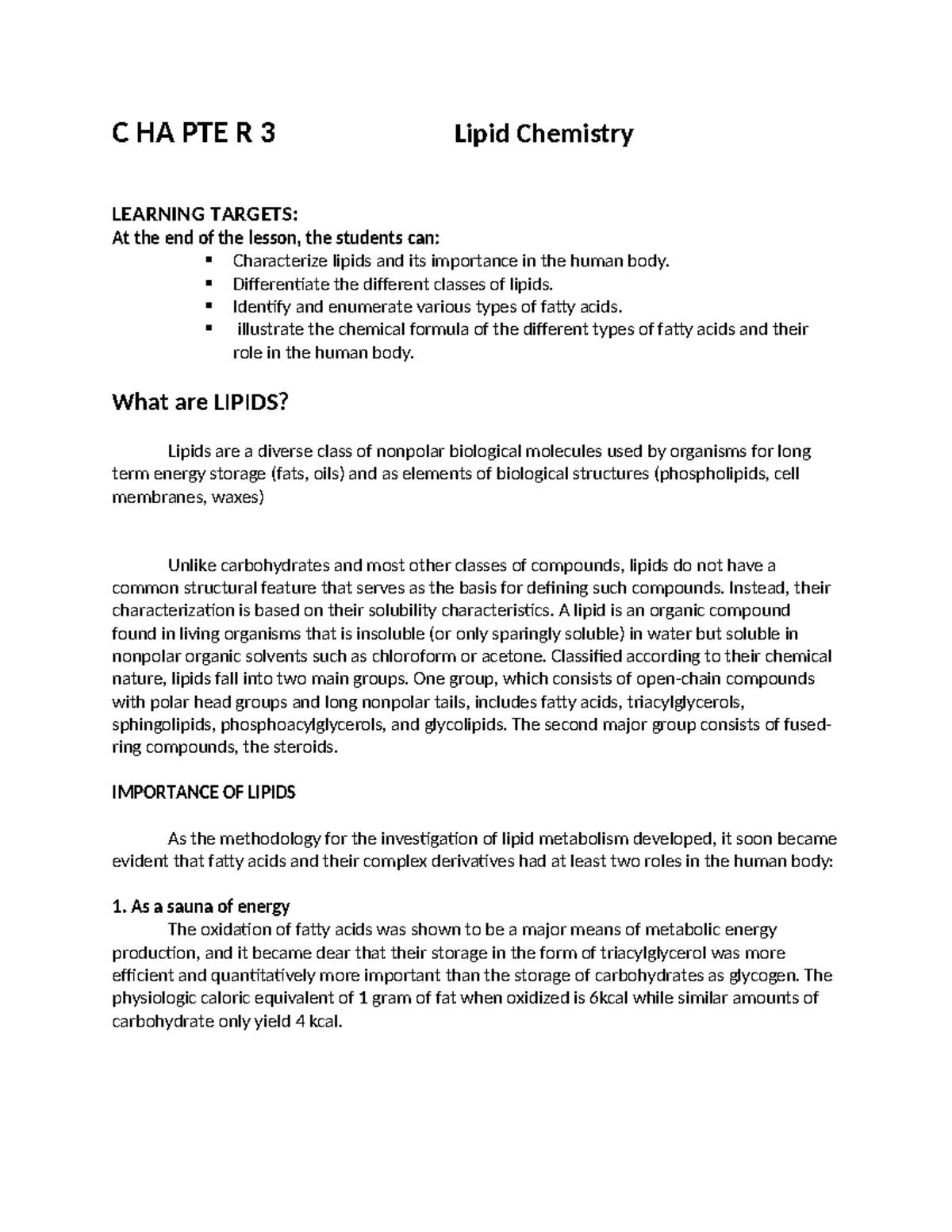 Biochem 3: Lipid Chemistry Overview and Learning Targets - Studocu