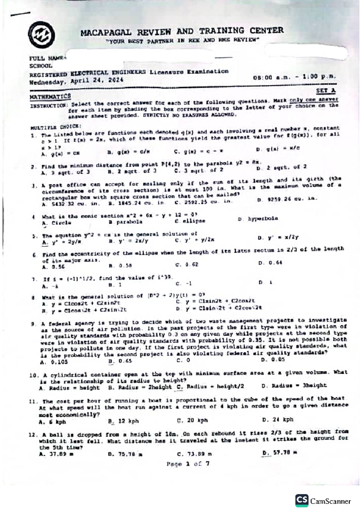 MATH REE-RME FEB 2024 - REVIEW SET A QUESTIONS & ANSWERS - Studocu