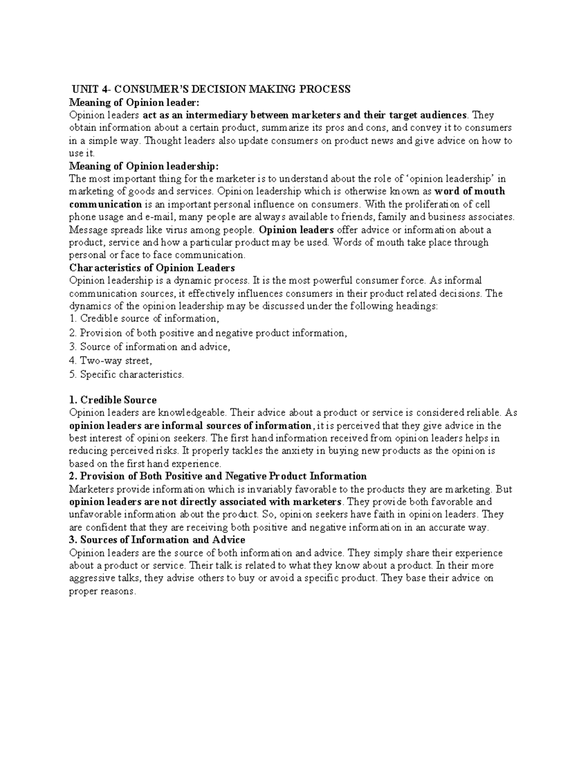 UNIT 4 - Consumer Decision Making Process and Opinion Leadership - Studocu