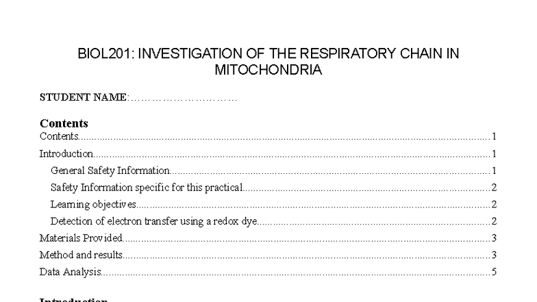 BIOL201: DCPIP Practical Investigation of Mitochondrial Respiration ...
