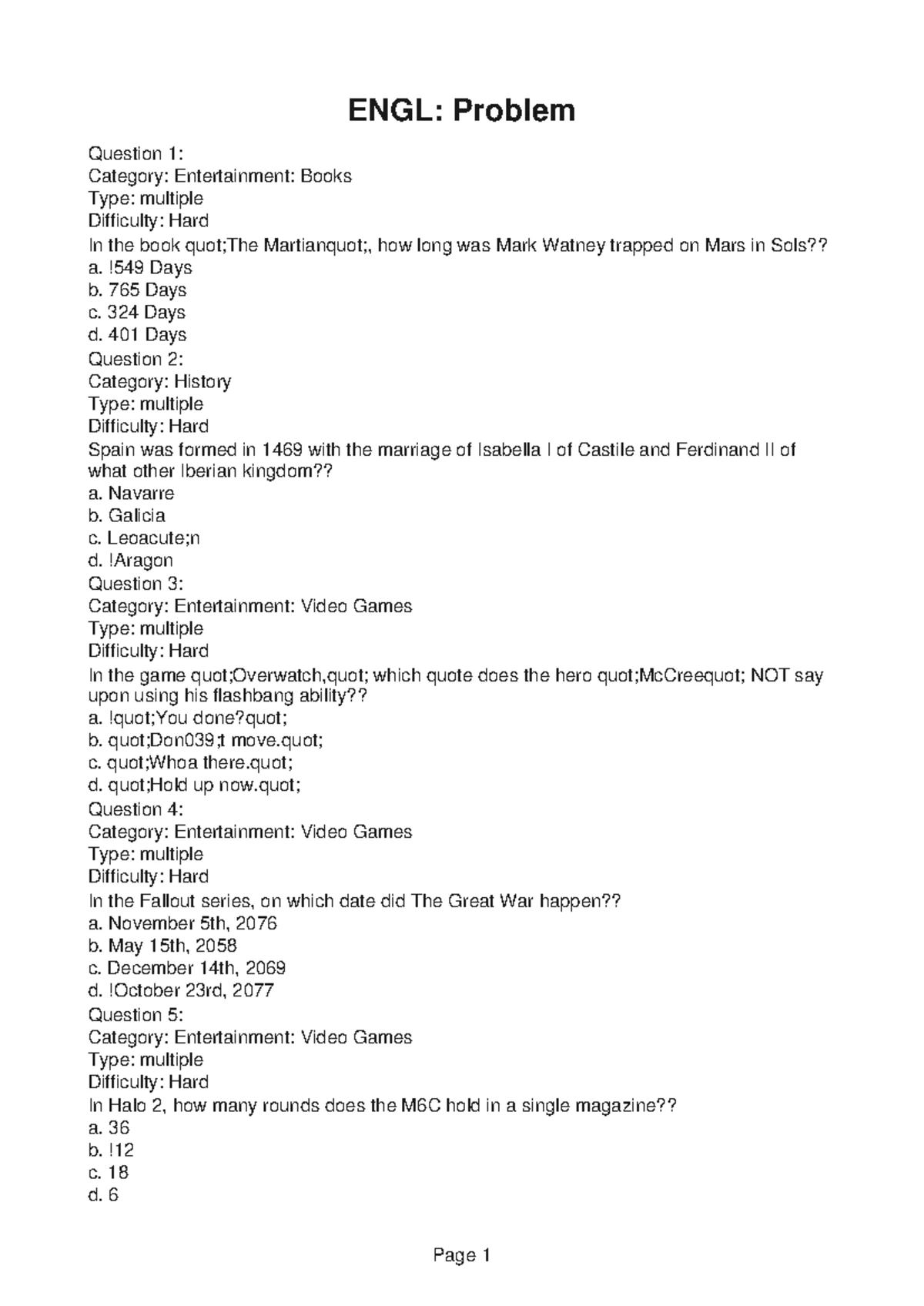 ENGL160 Quiz Example: Trivia Questions and Answers - Studocu