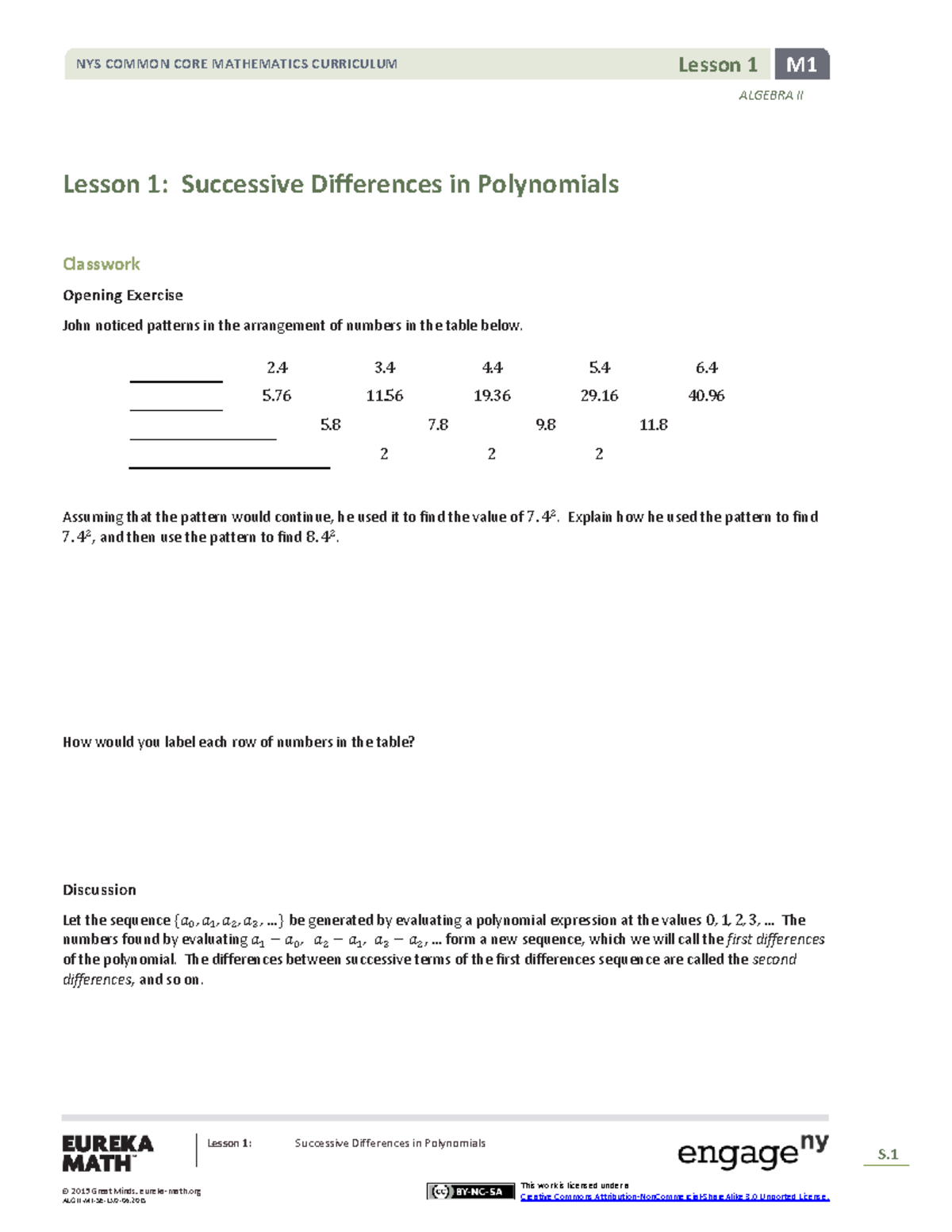 Lesson 1: Successive Differences in Polynomials - NYS COMMON CORE M1 ...