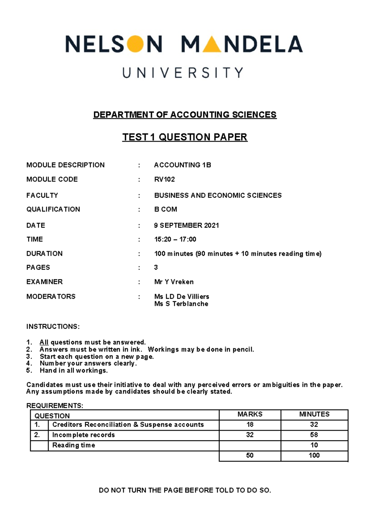 RV102 TEST 1 - Accounting 1B Questions (9 Sept 2021) - Studocu