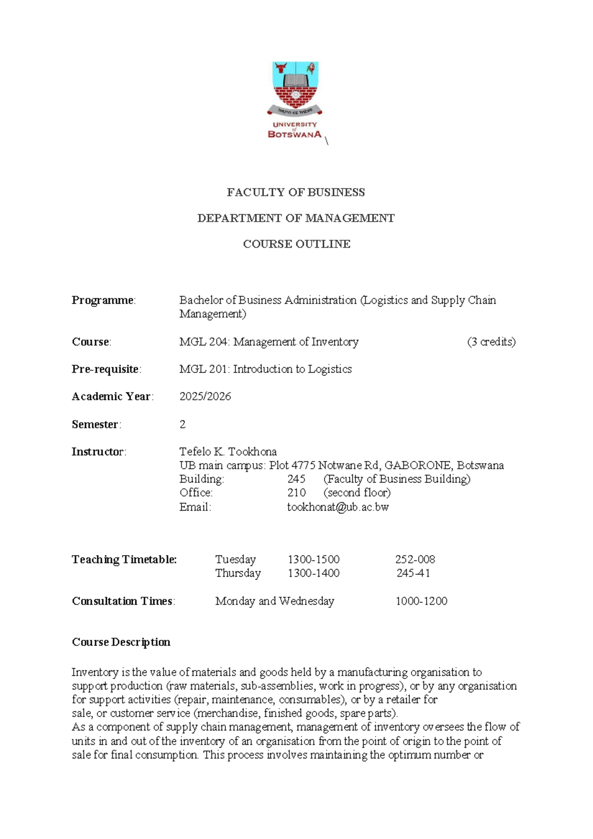 MGL 204: Management of Inventory Course Outline & Notes - Studocu